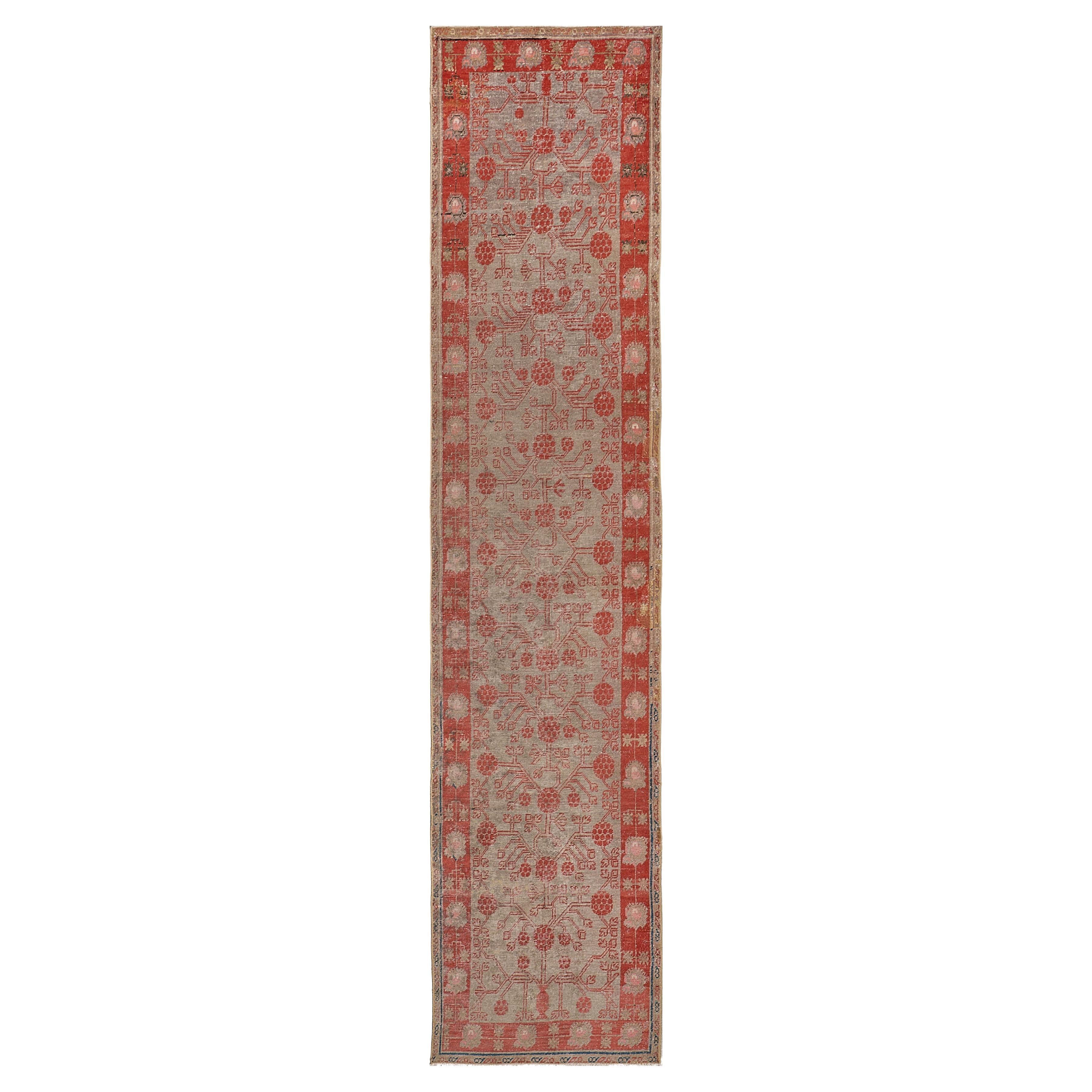Hand-woven Wool Antique Red Pomegranate Floral Khotan Runner