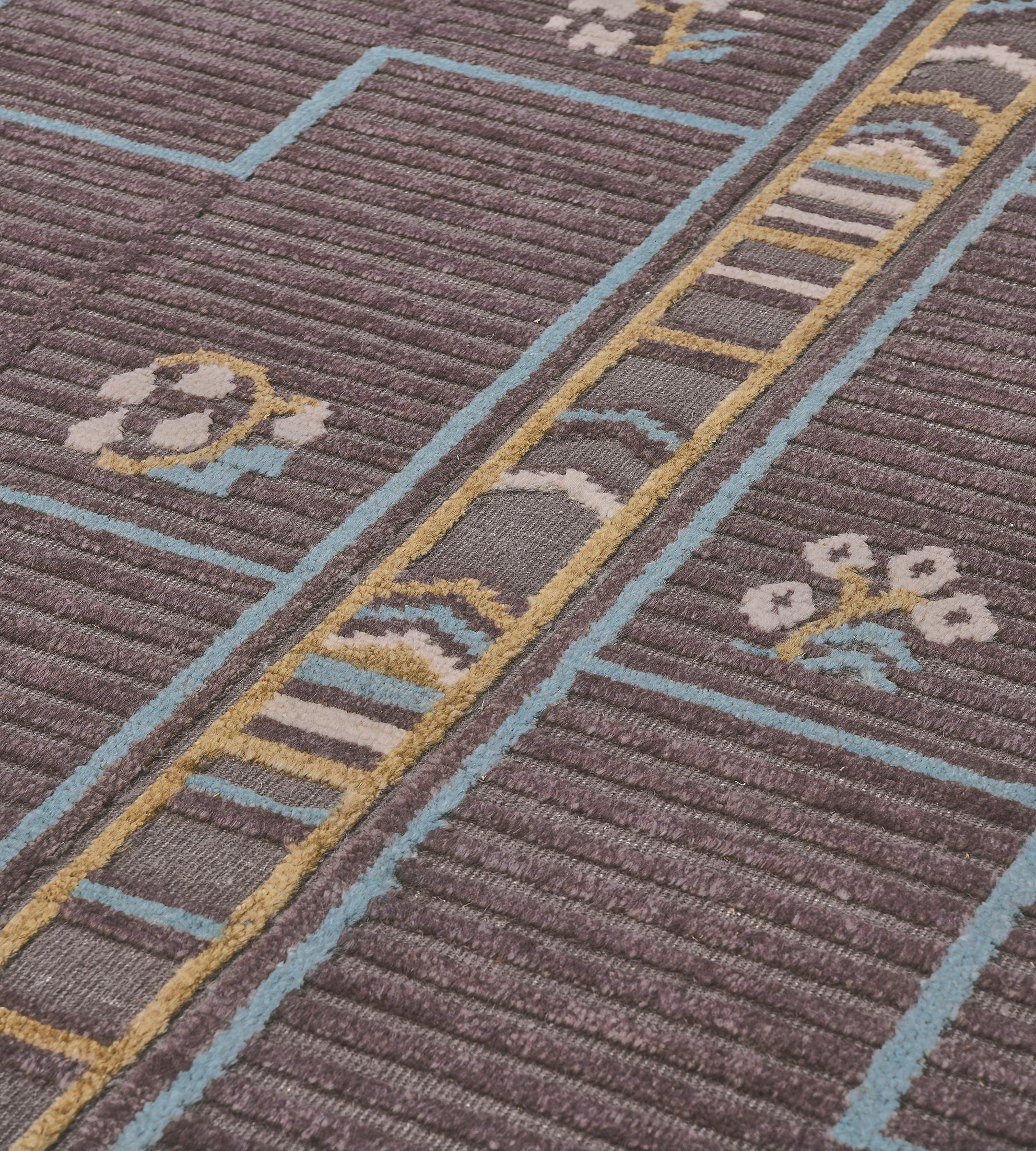 Contemporary Hand-Woven Wool Brown Floral Swedish-Inspired Flatweave Rug For Sale