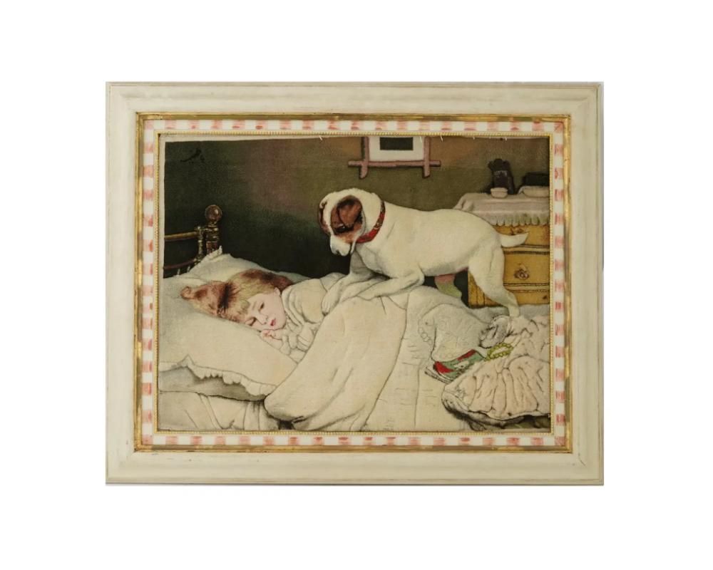 A vintage hand woven wool carpet depicting an interior scene with a girl and a dog after the original painting, Time to Wake up, 1883, by Charles Burton Barber, British, 1845 to 1894. Signed, upper left. Framed. Charles Burton Barber was a British