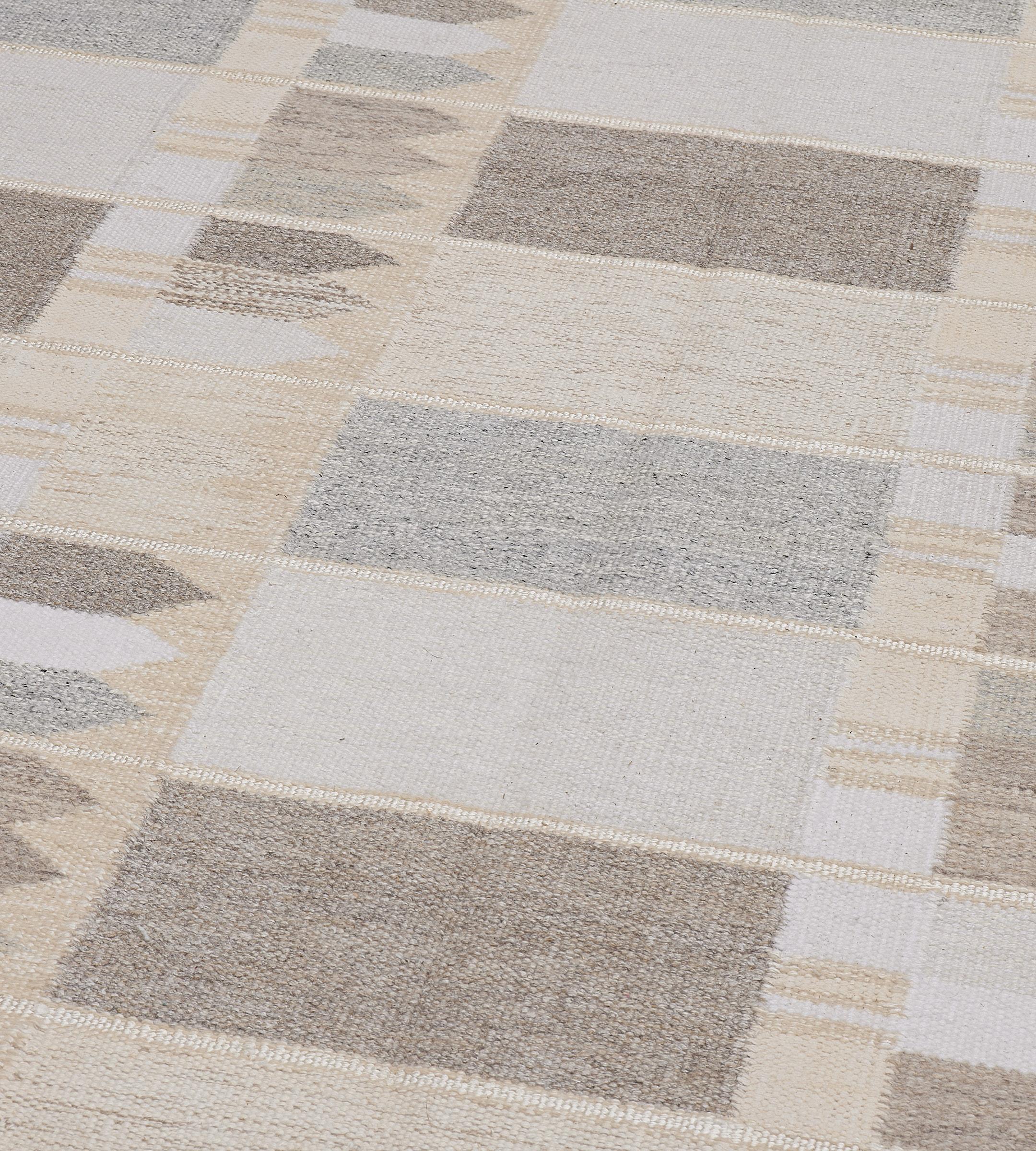 Hand-Knotted Hand-Woven Wool Contemporary Swedish-Inspired Flat-weave Rug 12'1
