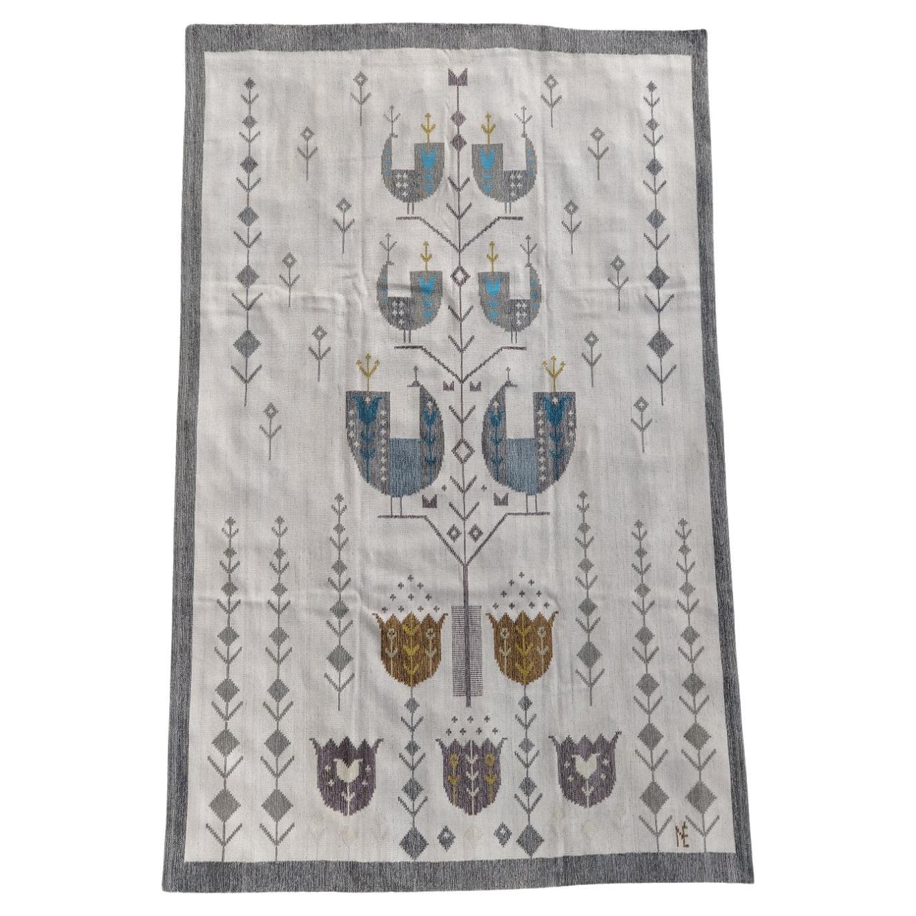 Hand-woven wool tapestry Stylized birds and tulips - Eva Nemeth monogram