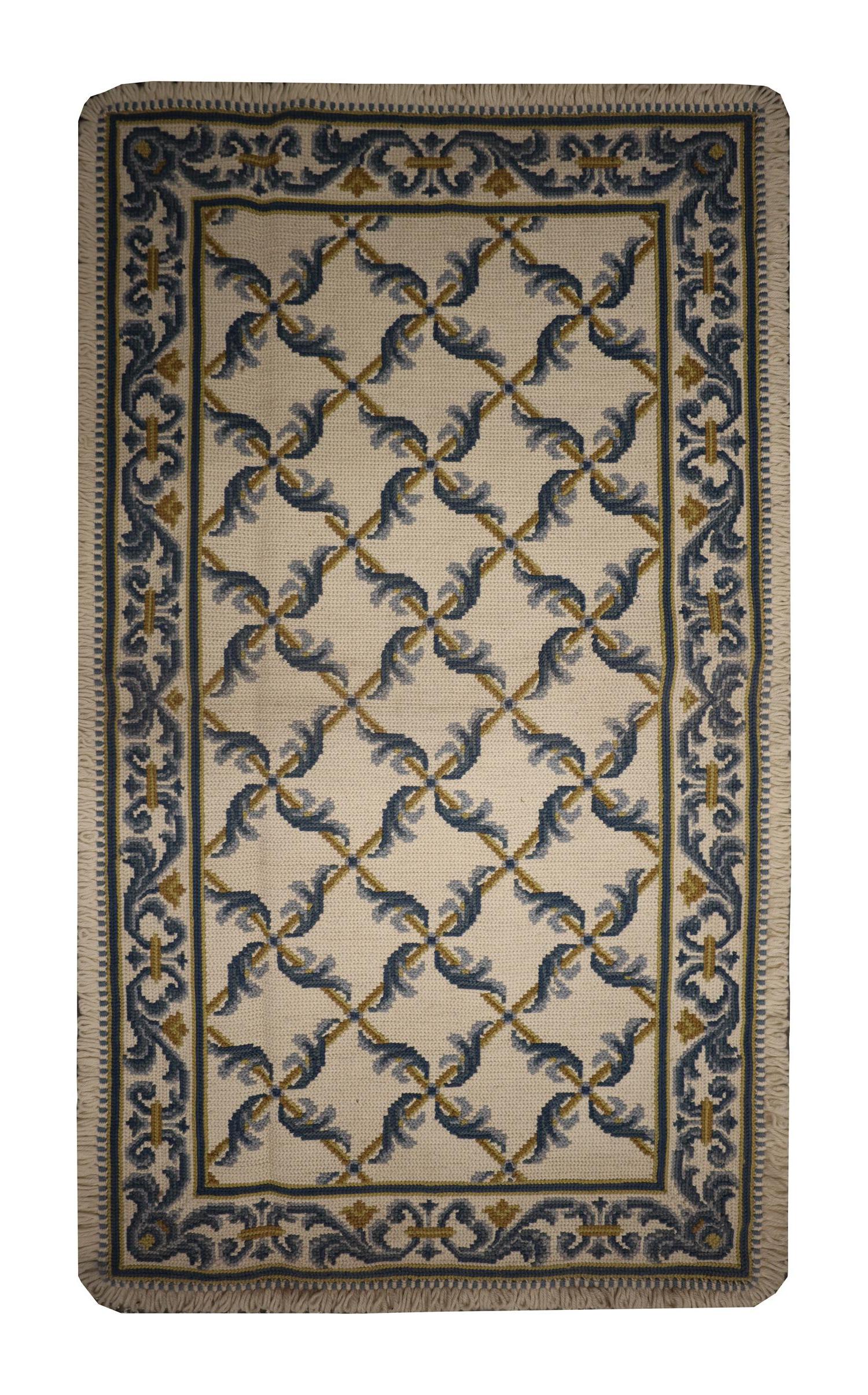 Hand Woven Wool Needlepoint Rug Traditional Blue Cream Carpet Rugs In Excellent Condition In Hampshire, GB