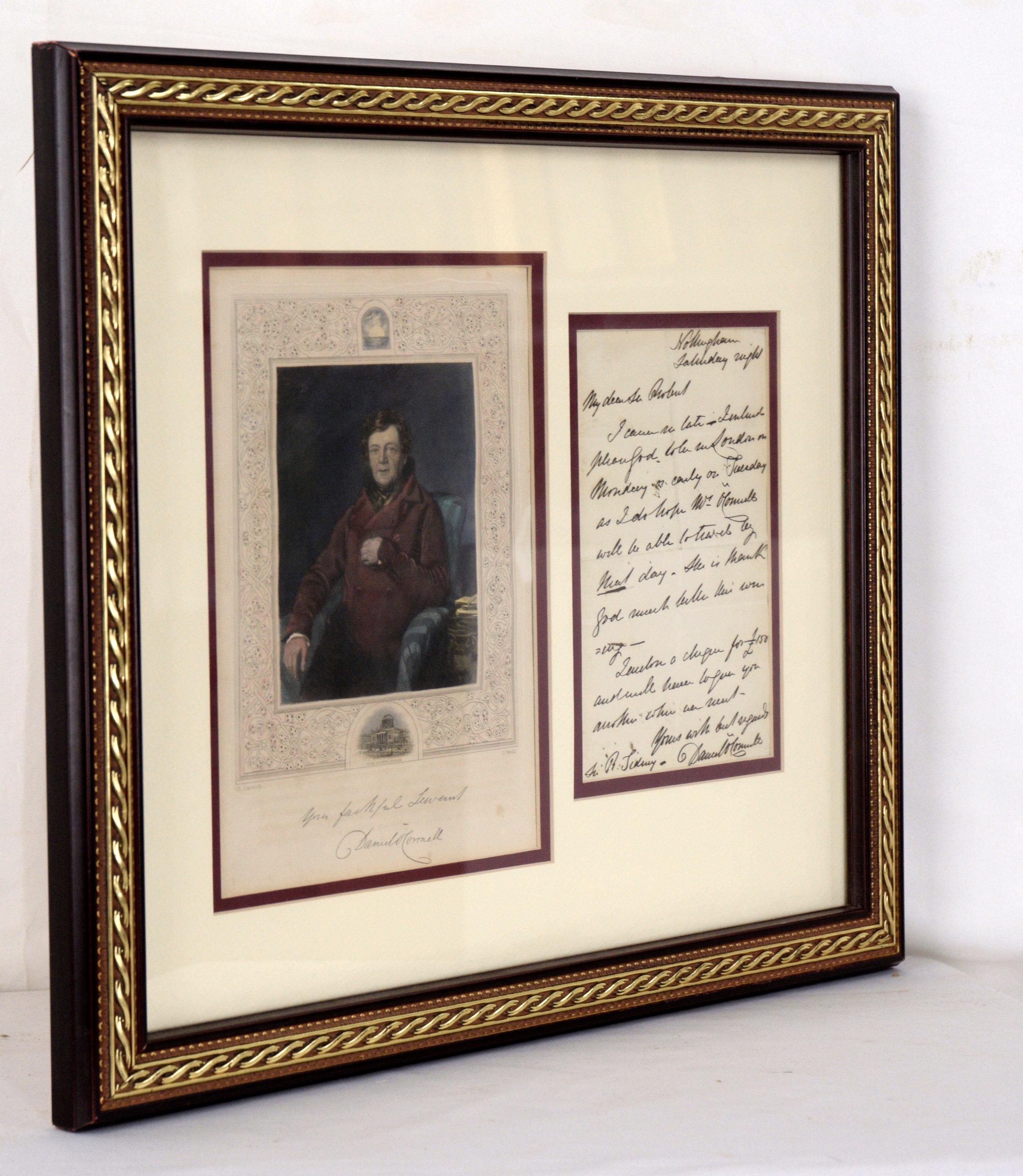 Paper Hand Written Letter from Daniel O'Connell, with Portrait Engraving by O'Neil For Sale