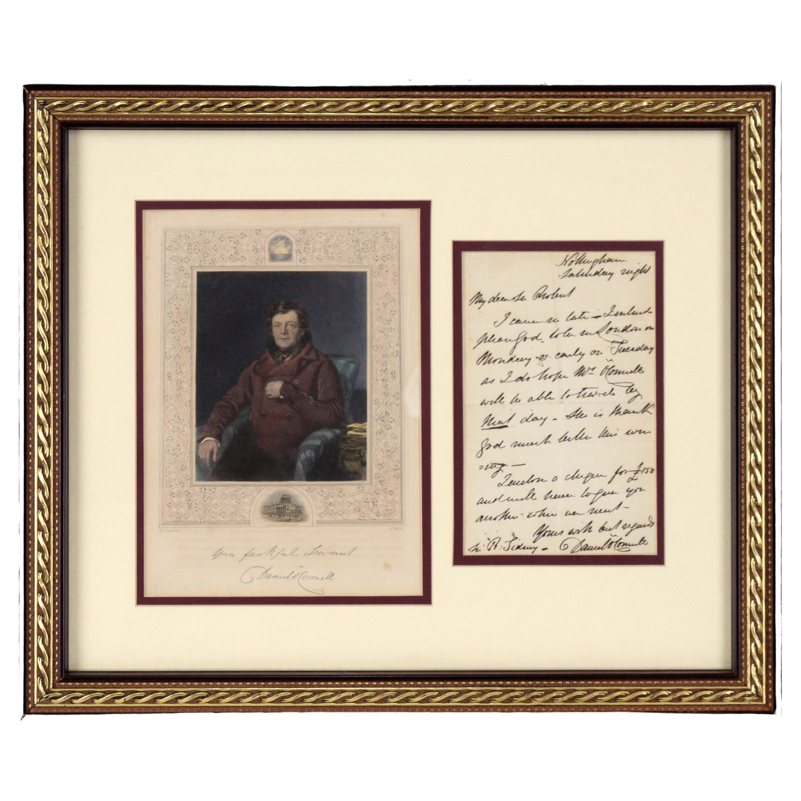 Lettre écrite à la main par Daniel O'Connell, avec gravure de portrait par O'Neil en vente