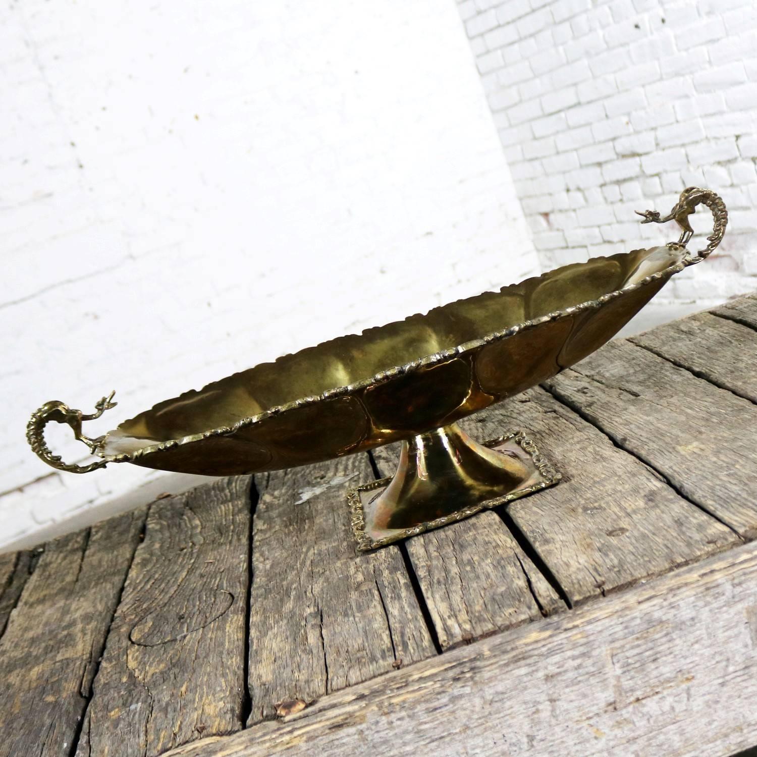 Hand-Wrought Brass Centerpiece Compote Bowl with Cast Details and Dragon Handles 2