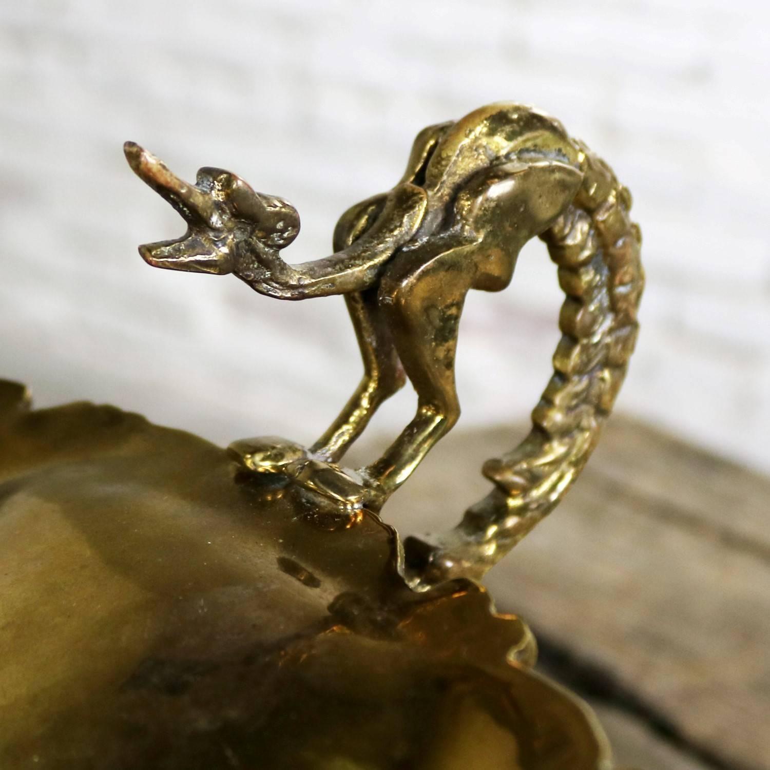 Hand-Wrought Brass Centerpiece Compote Bowl with Cast Details and Dragon Handles 4