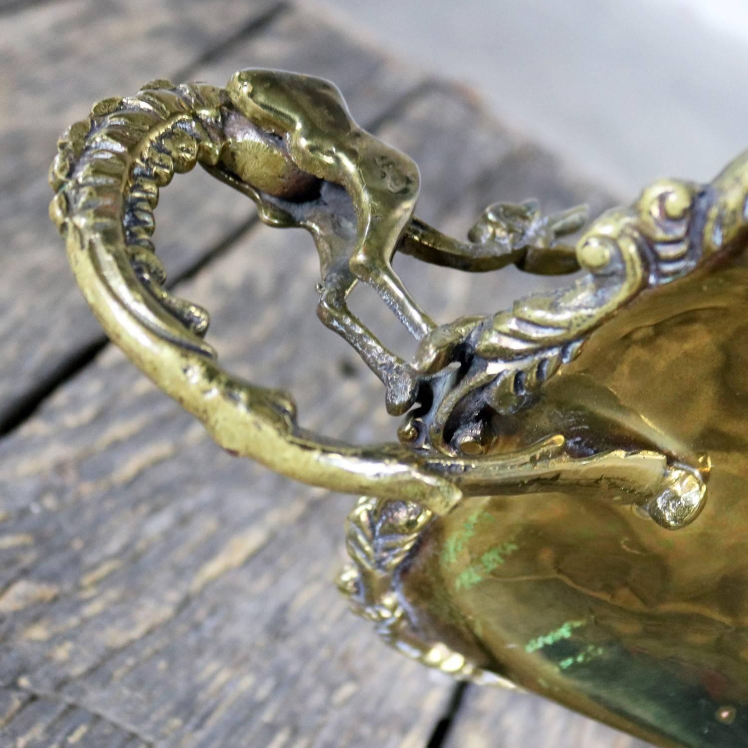 Hand-Wrought Brass Centerpiece Compote Bowl with Cast Details and Dragon Handles 7