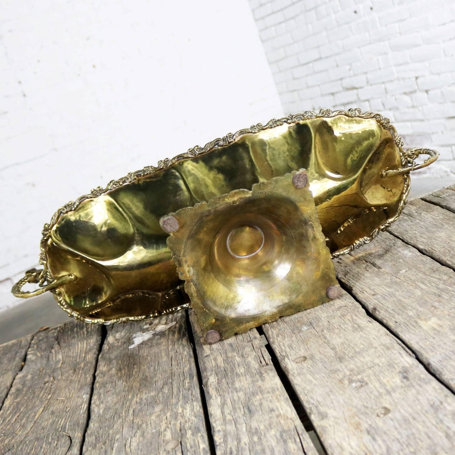 Hand-Wrought Brass Centerpiece Compote Bowl with Cast Details and Dragon Handles 9