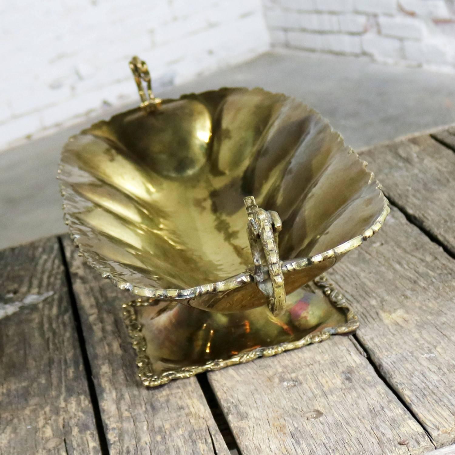 Hand-Wrought Brass Centerpiece Compote Bowl with Cast Details and Dragon Handles In Good Condition In Topeka, KS
