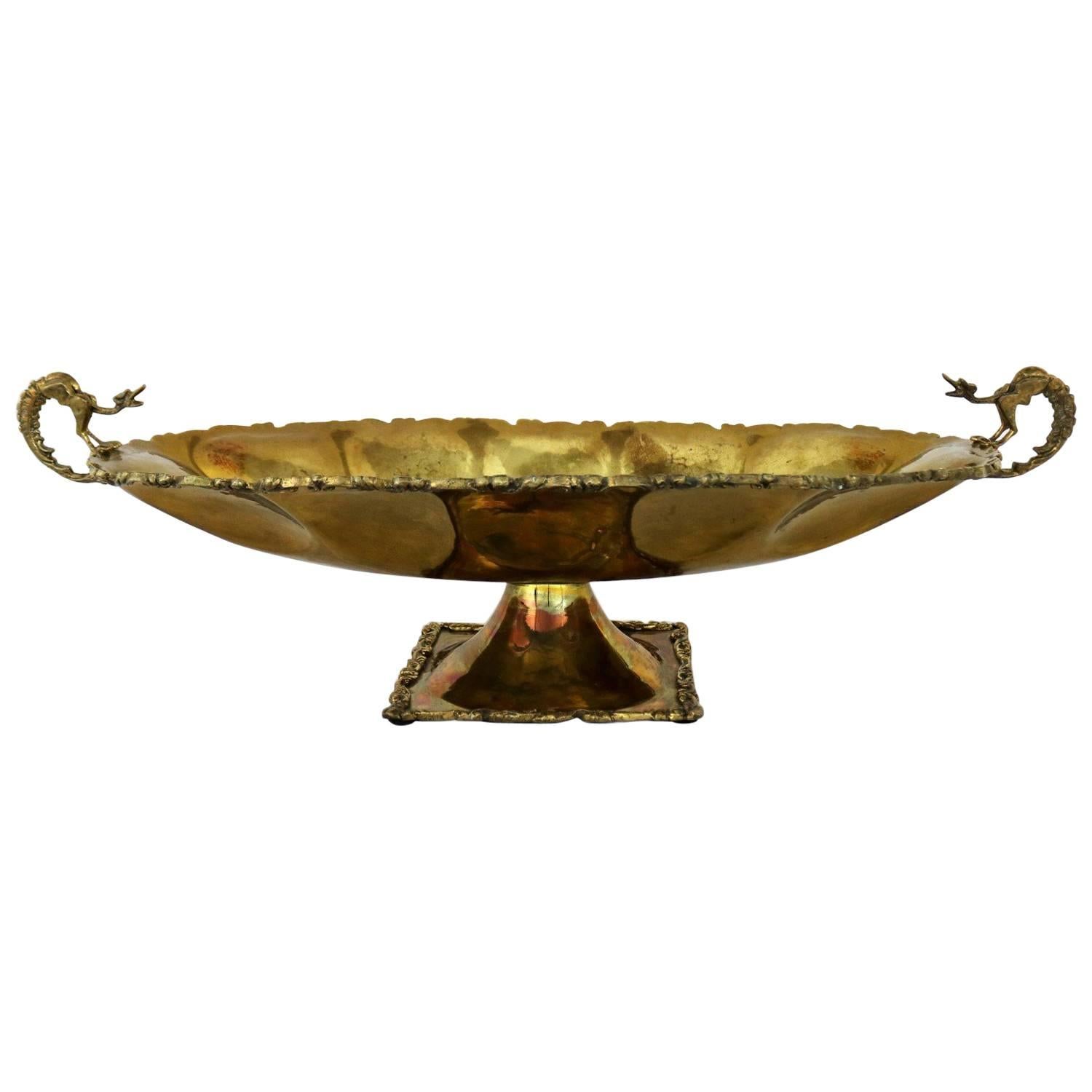 Hand-Wrought Brass Centerpiece Compote Bowl with Cast Details and Dragon Handles