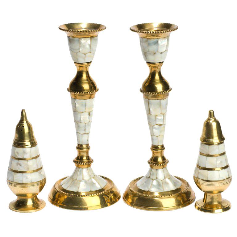 Hand Wrought Brass & Mother Of Pearl Table Set For Sale