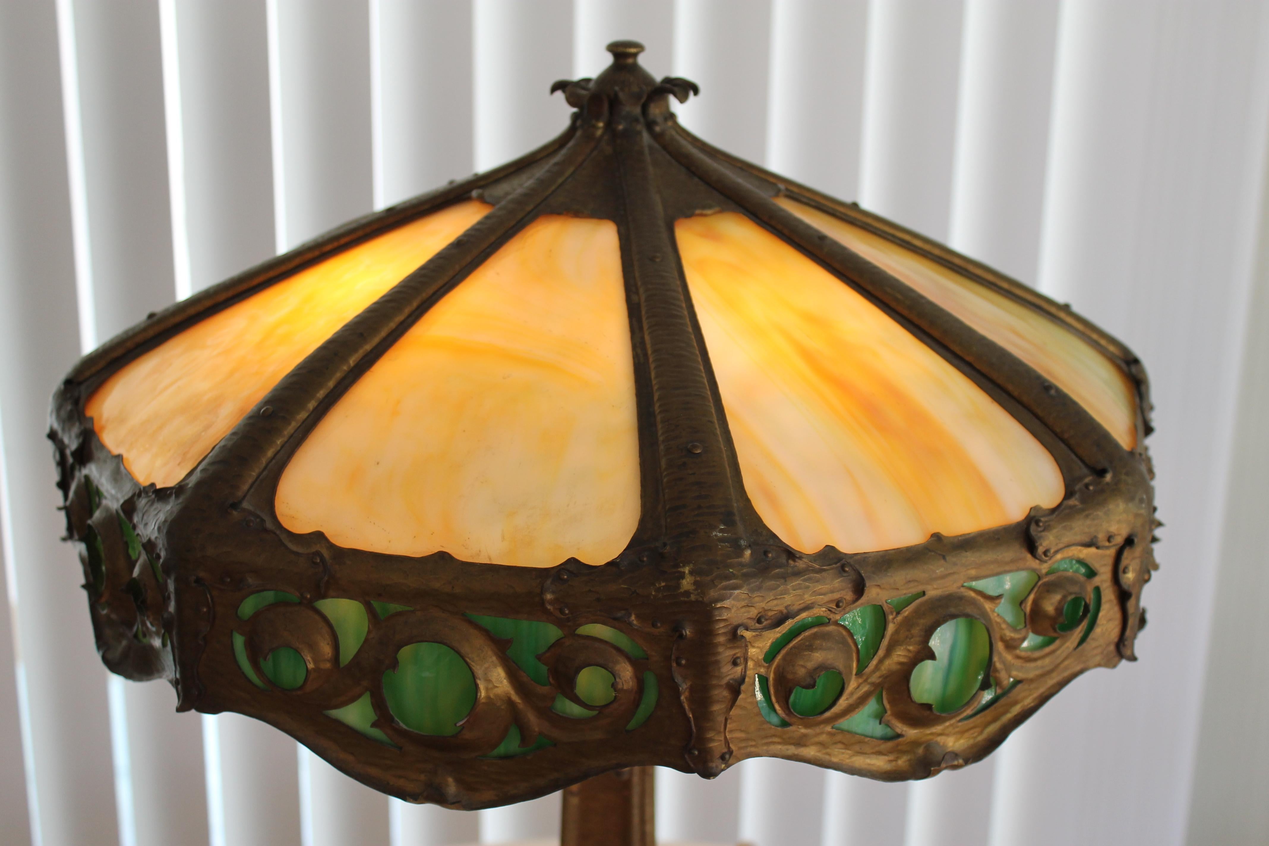 Arts and Crafts Handwrought Bronze Arts & Crafts Lamp with Bent Glass
