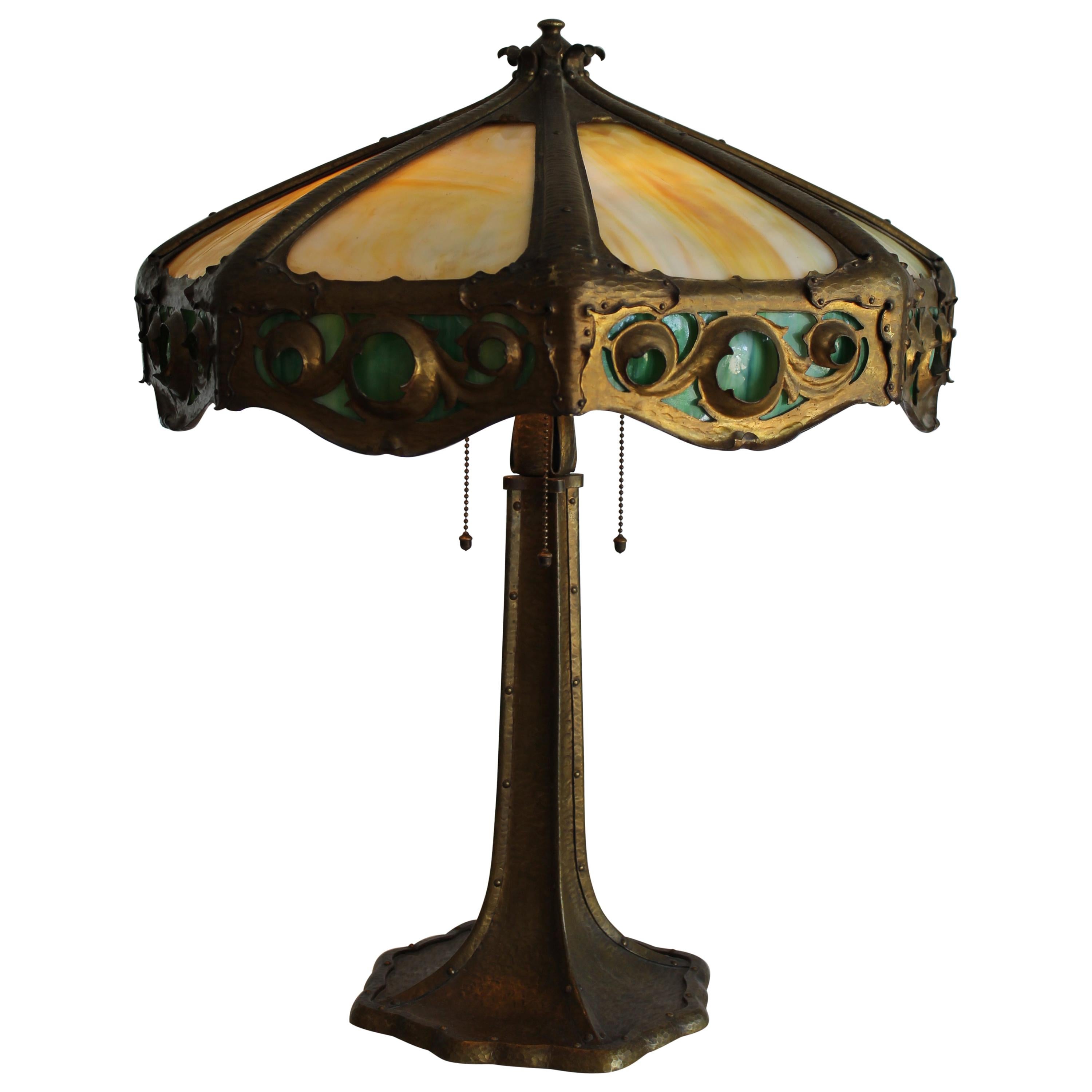 Handwrought Bronze Arts & Crafts Lamp with Bent Glass
