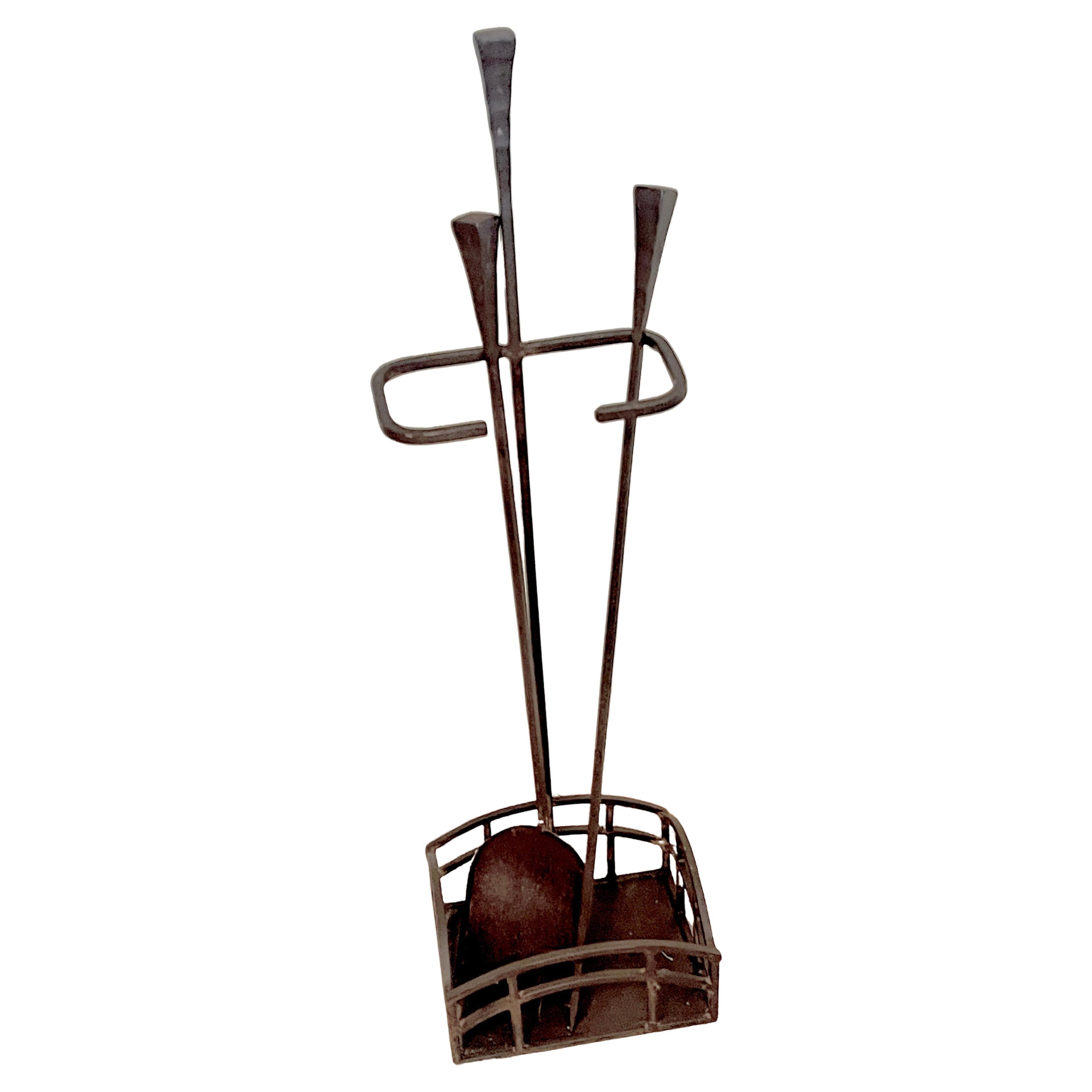 Hand Wrought Brutalist Fireplace Tools in the Style of Giacometti with Stand For Sale