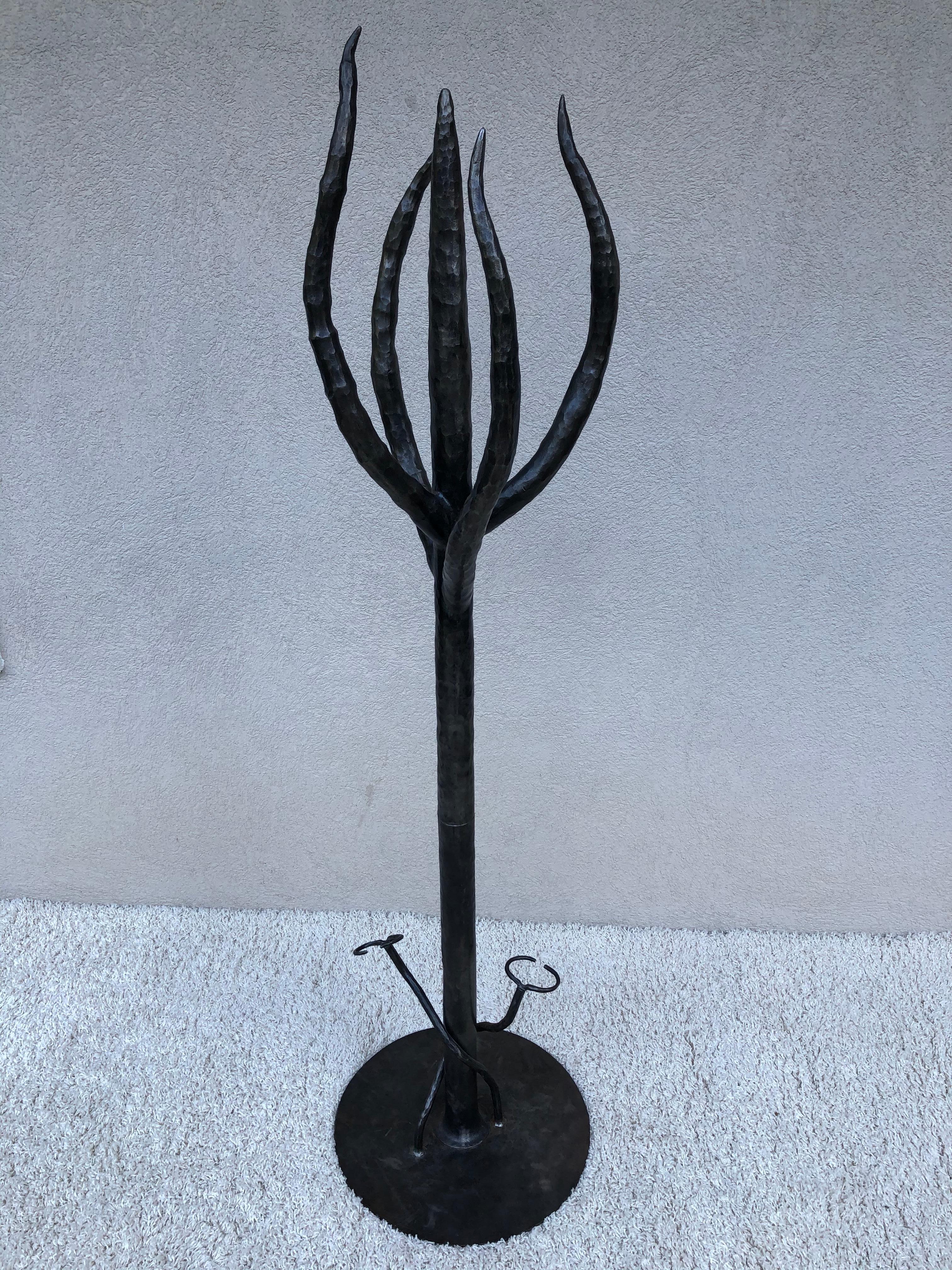 Handwrought iron and steel cactus sculpture coat rack umbrella stand, all in heavy gauge iron hand-hammered, dark charcoal grey and iron patina, in very fine condition. Made in two sections.