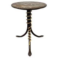 Hand-Wrought Iron and Brass Table with Fossilized Stone Top