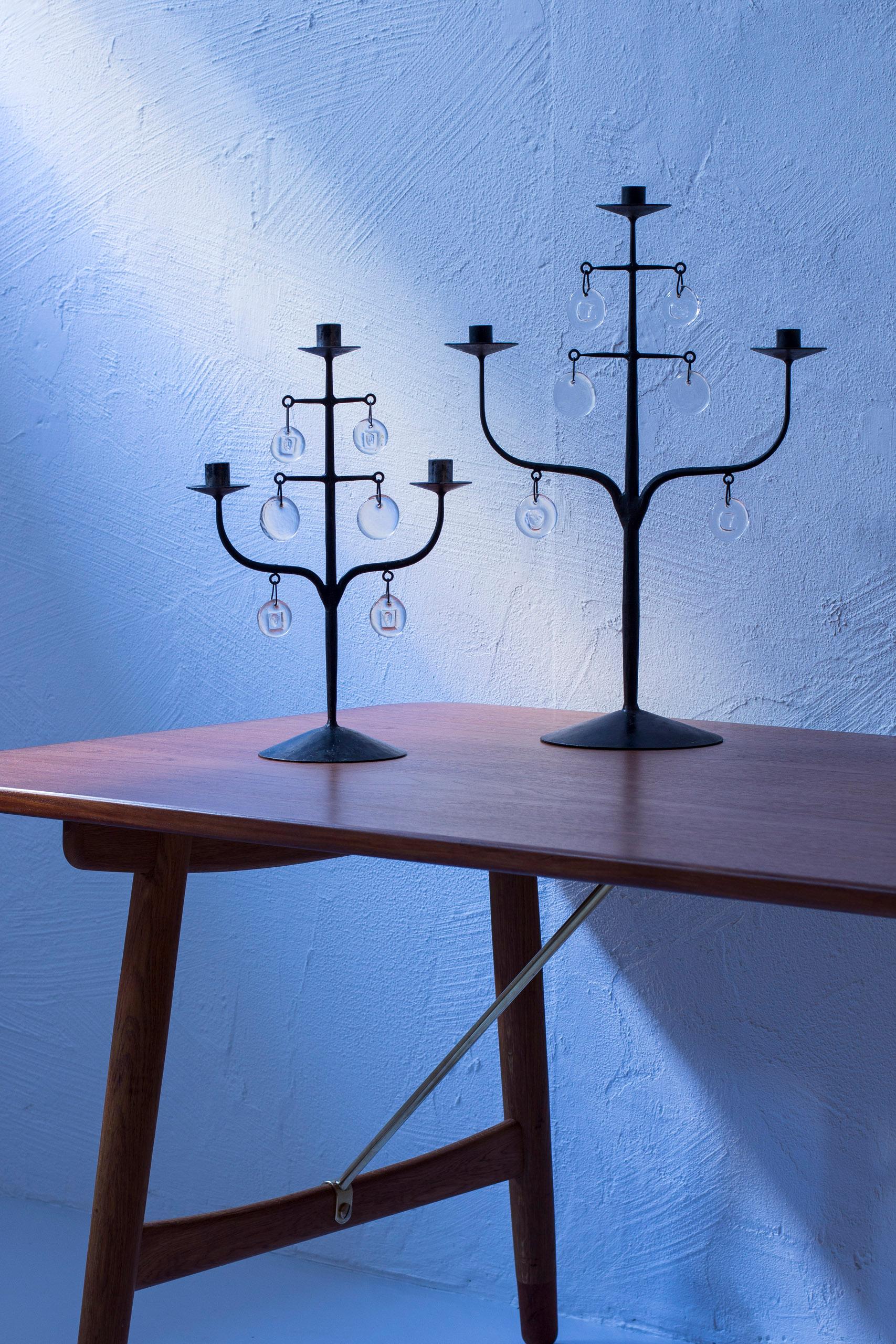 Swedish hand wrought Iron and glass candelabra by Erik Höglund , Boda Smide, 1950s For Sale