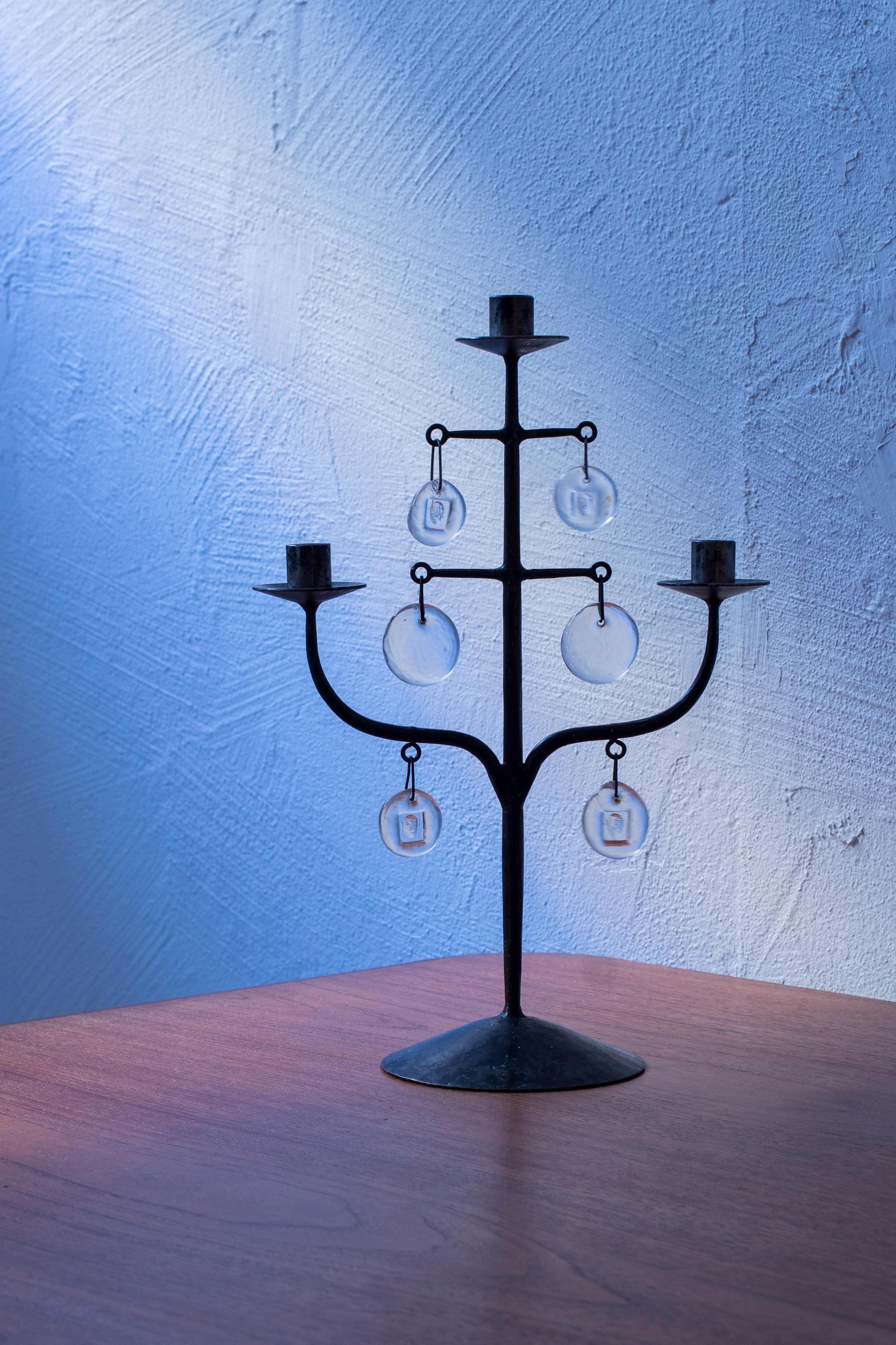 hand wrought Iron and glass candelabra by Erik Höglund , Boda Smide, 1950s In Good Condition For Sale In Hägersten, SE