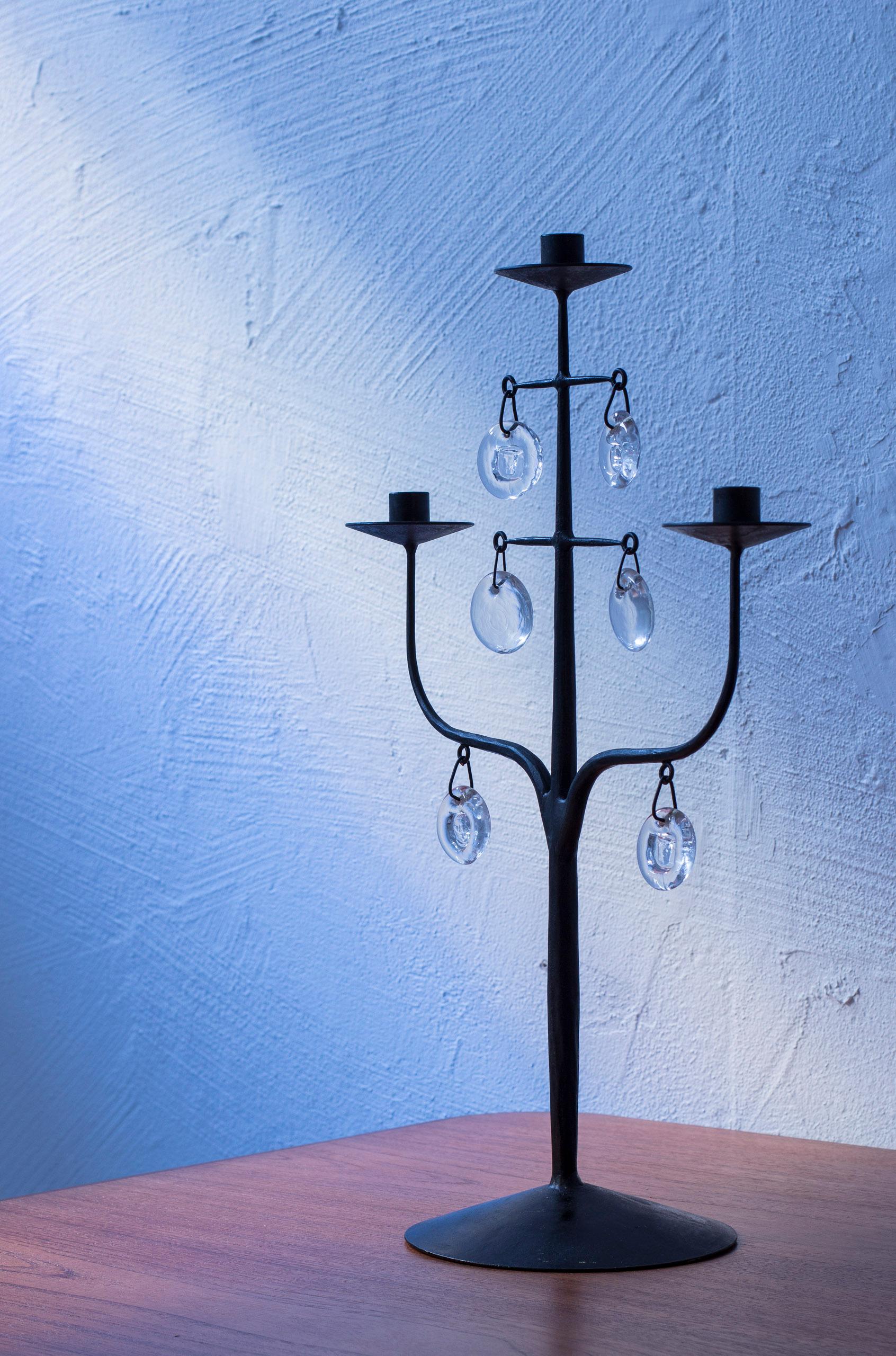 Mid-20th Century hand wrought Iron and glass candelabra by Erik Höglund , Boda Smide, 1950s For Sale