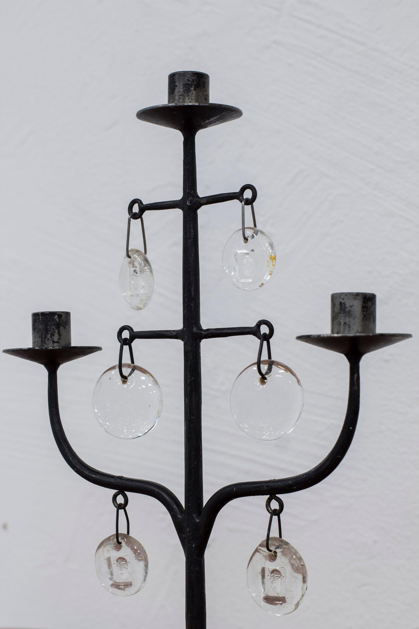 Blown Glass hand wrought Iron and glass candelabra by Erik Höglund , Boda Smide, 1950s For Sale