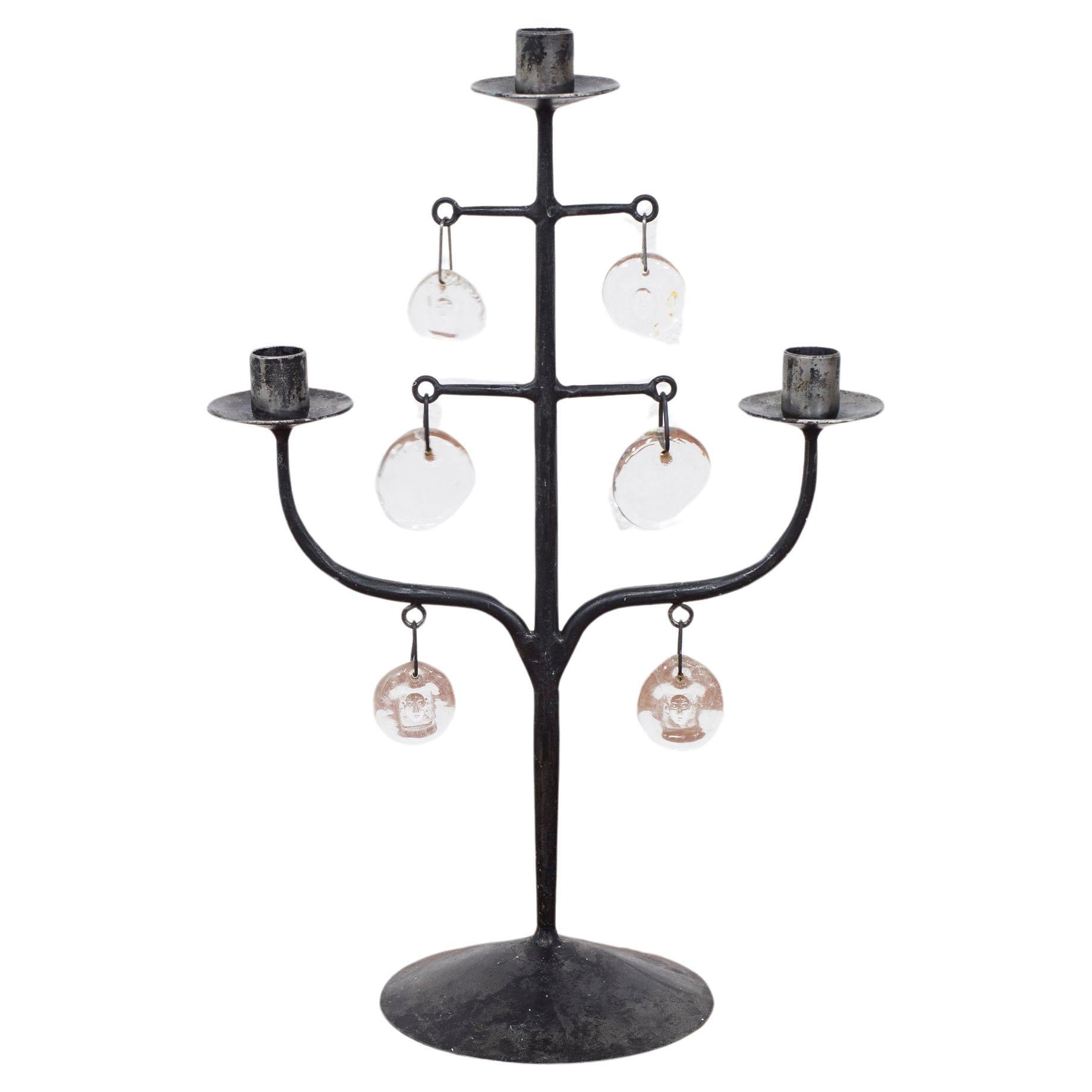hand wrought Iron and glass candelabra by Erik Höglund , Boda Smide, 1950s For Sale