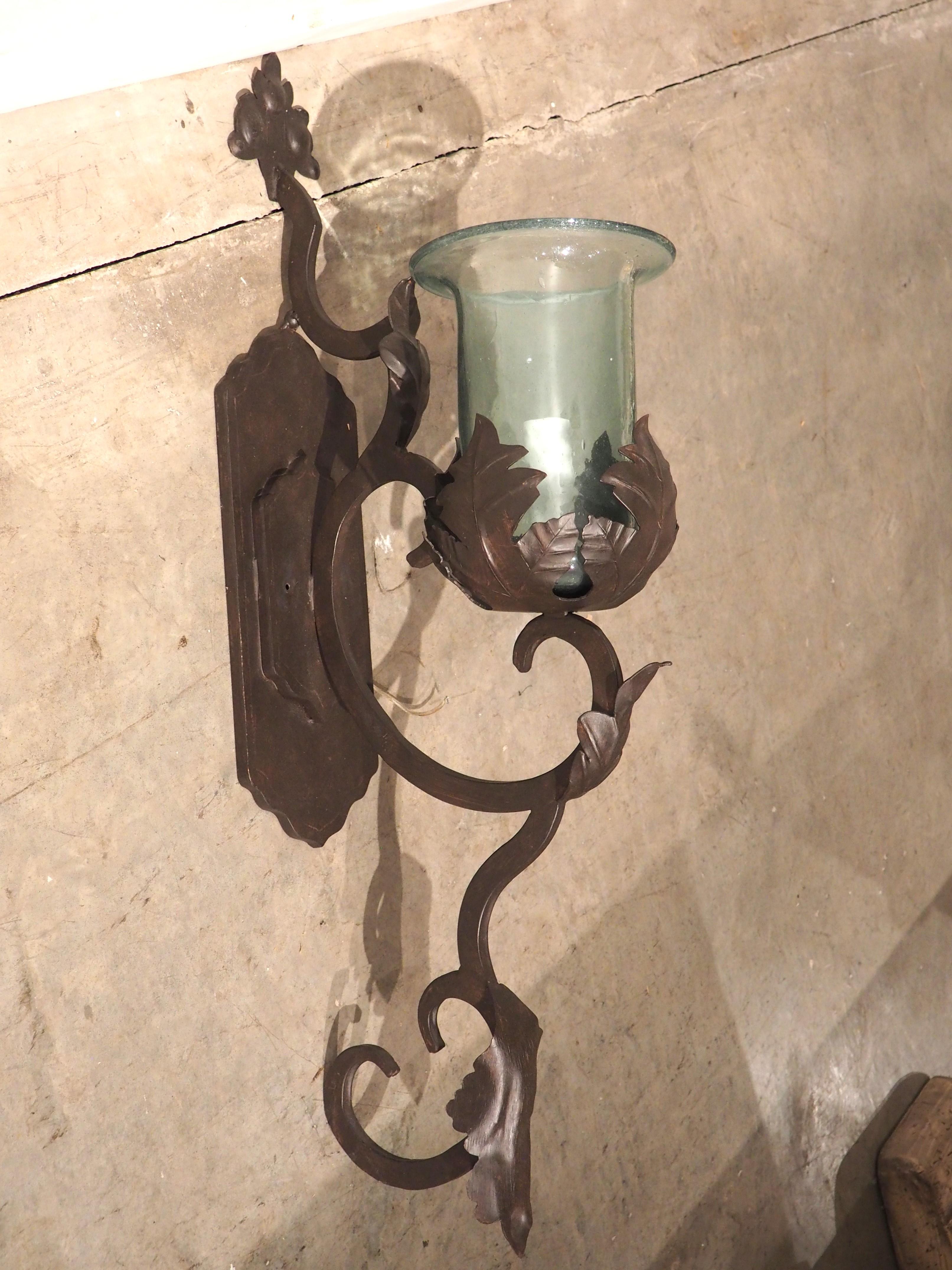 Hand Wrought Iron and Glass Wall Sconce with Foliate Motifs For Sale 4