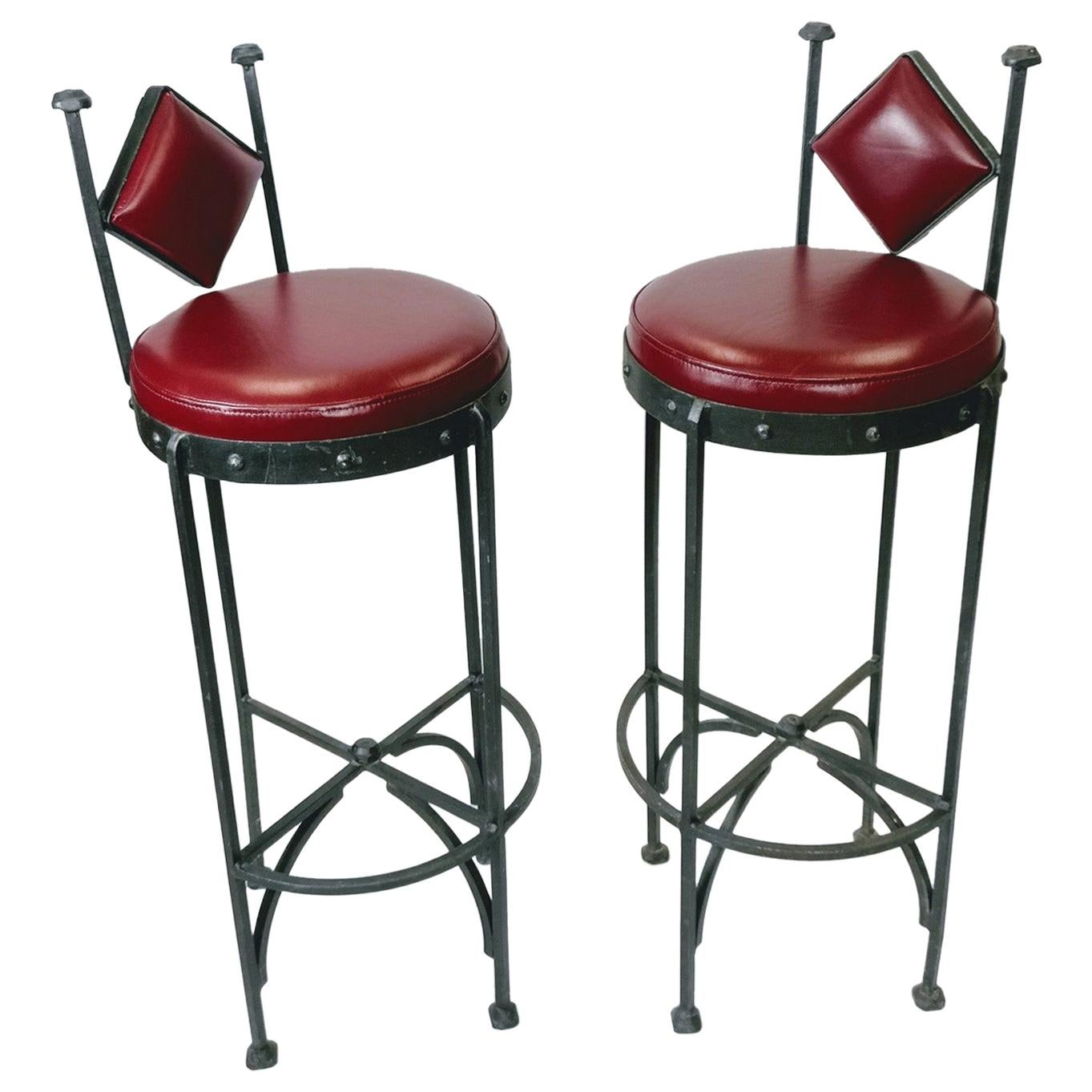 Handwrought Iron and Leather Vintage Bar Stools, 1970s