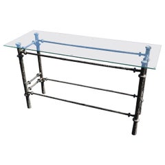 Console en fer forgé à la main de style Giacometti avec plateau en verre