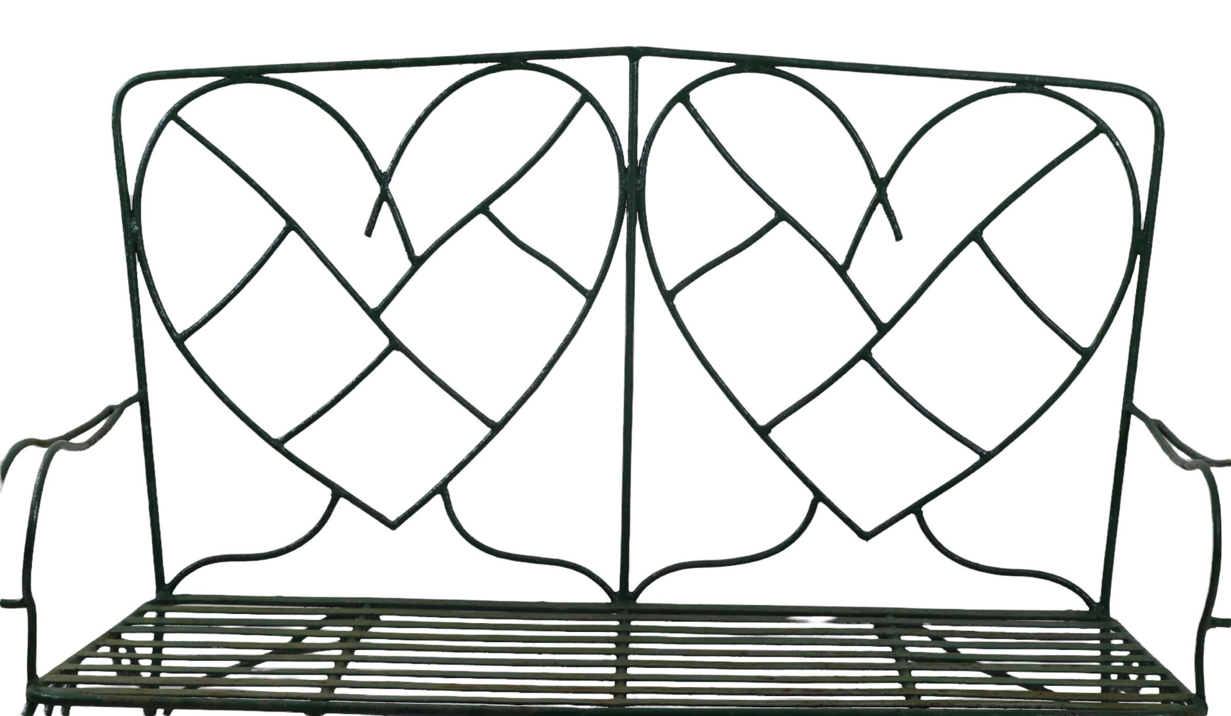 Hand Wrought Iron Settee Bench W Decorative Heart Shaped Metalwork Backrest  8