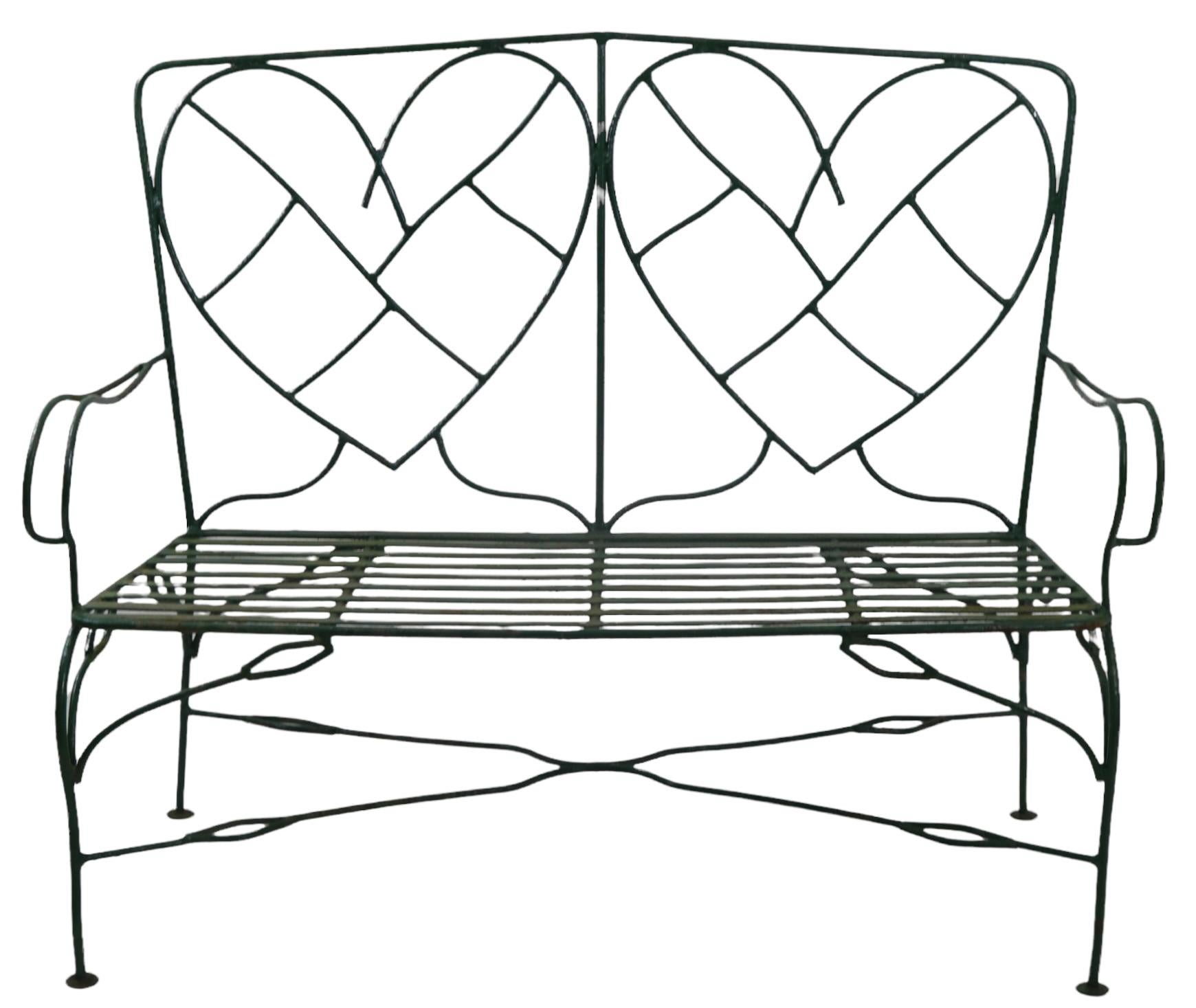 Hand Wrought Iron Settee Bench W Decorative Heart Shaped Metalwork Backrest  9