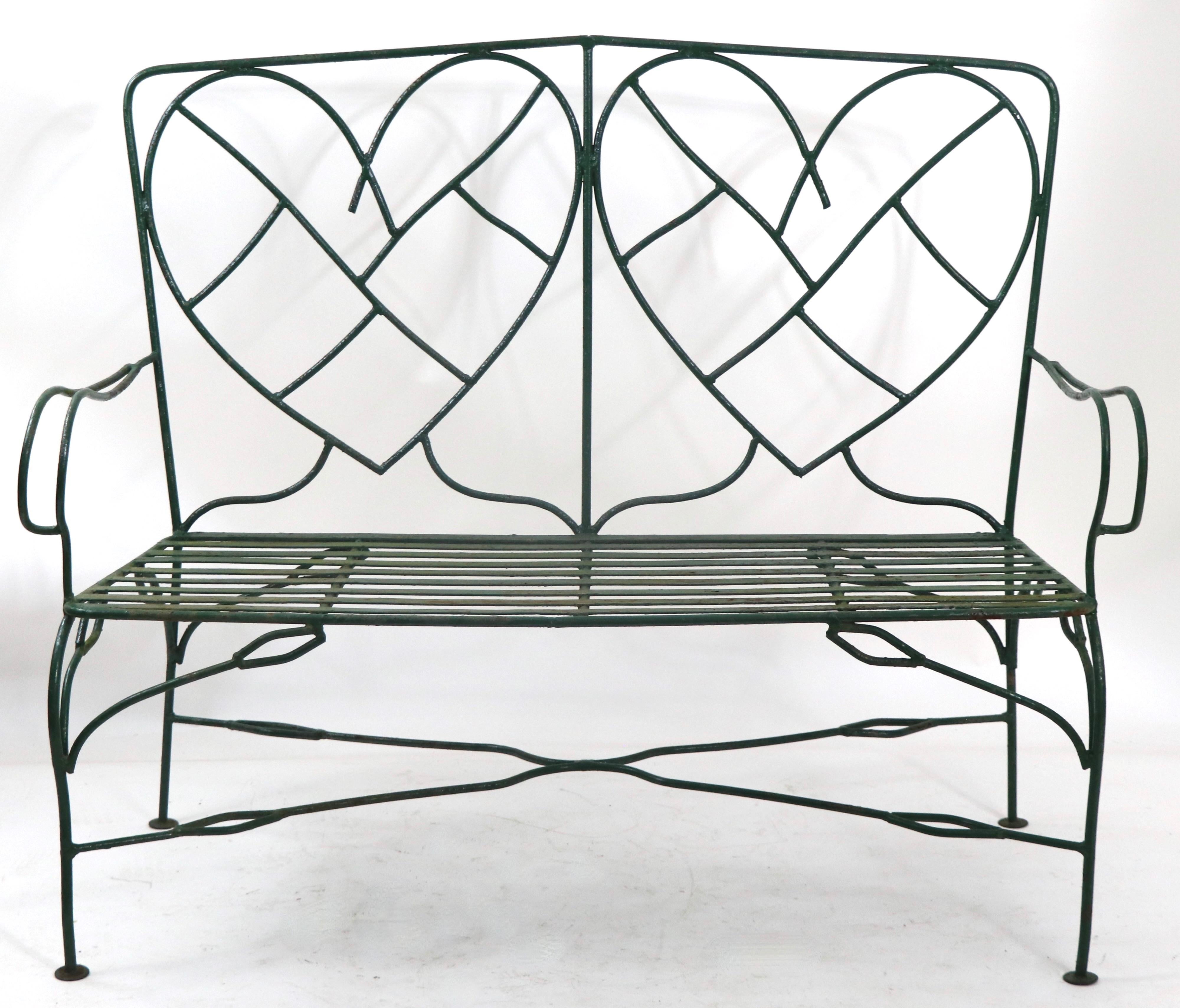 Mid-Century Modern Hand Wrought Iron Settee Bench W Decorative Heart Shaped Metalwork Backrest 
