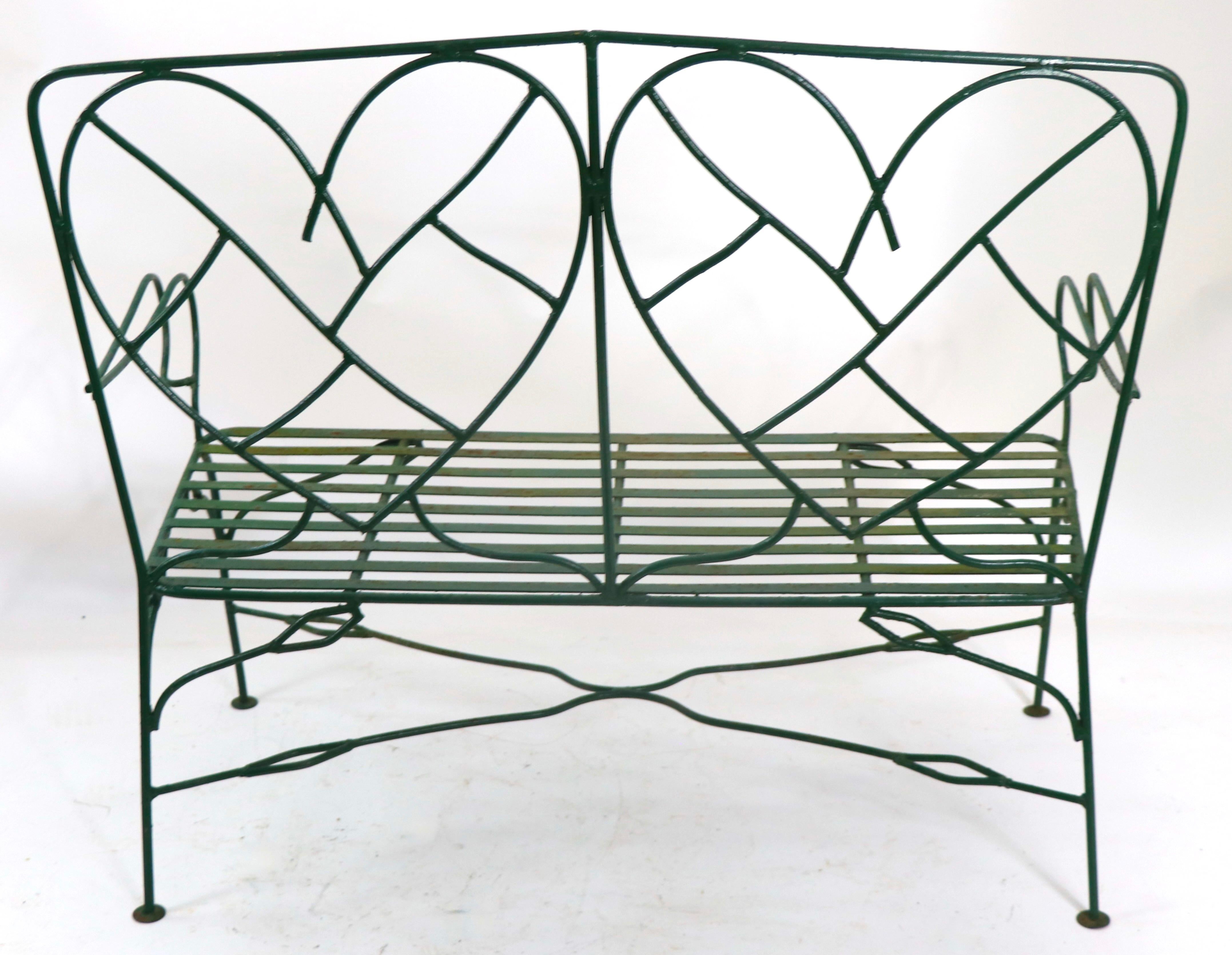 20th Century Hand Wrought Iron Settee Bench W Decorative Heart Shaped Metalwork Backrest 