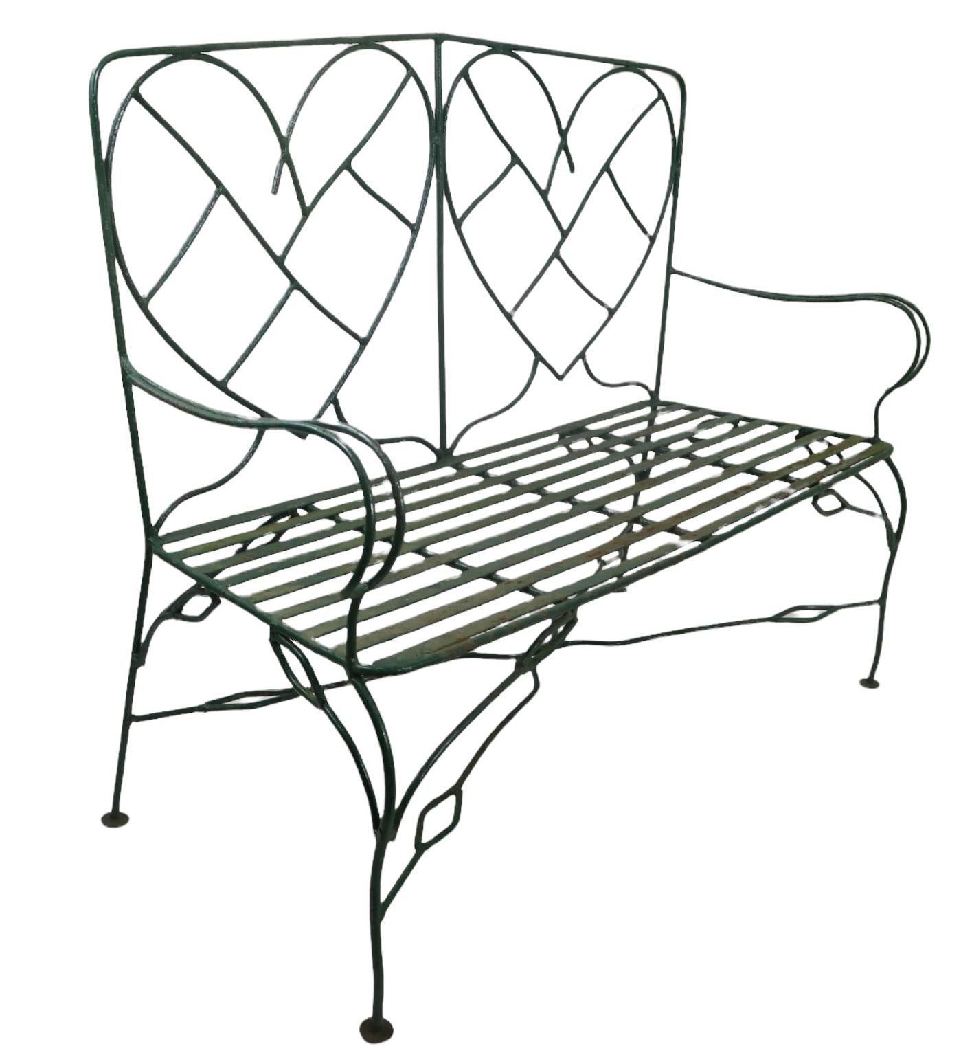 Hand Wrought Iron Settee Bench W Decorative Heart Shaped Metalwork Backrest  3