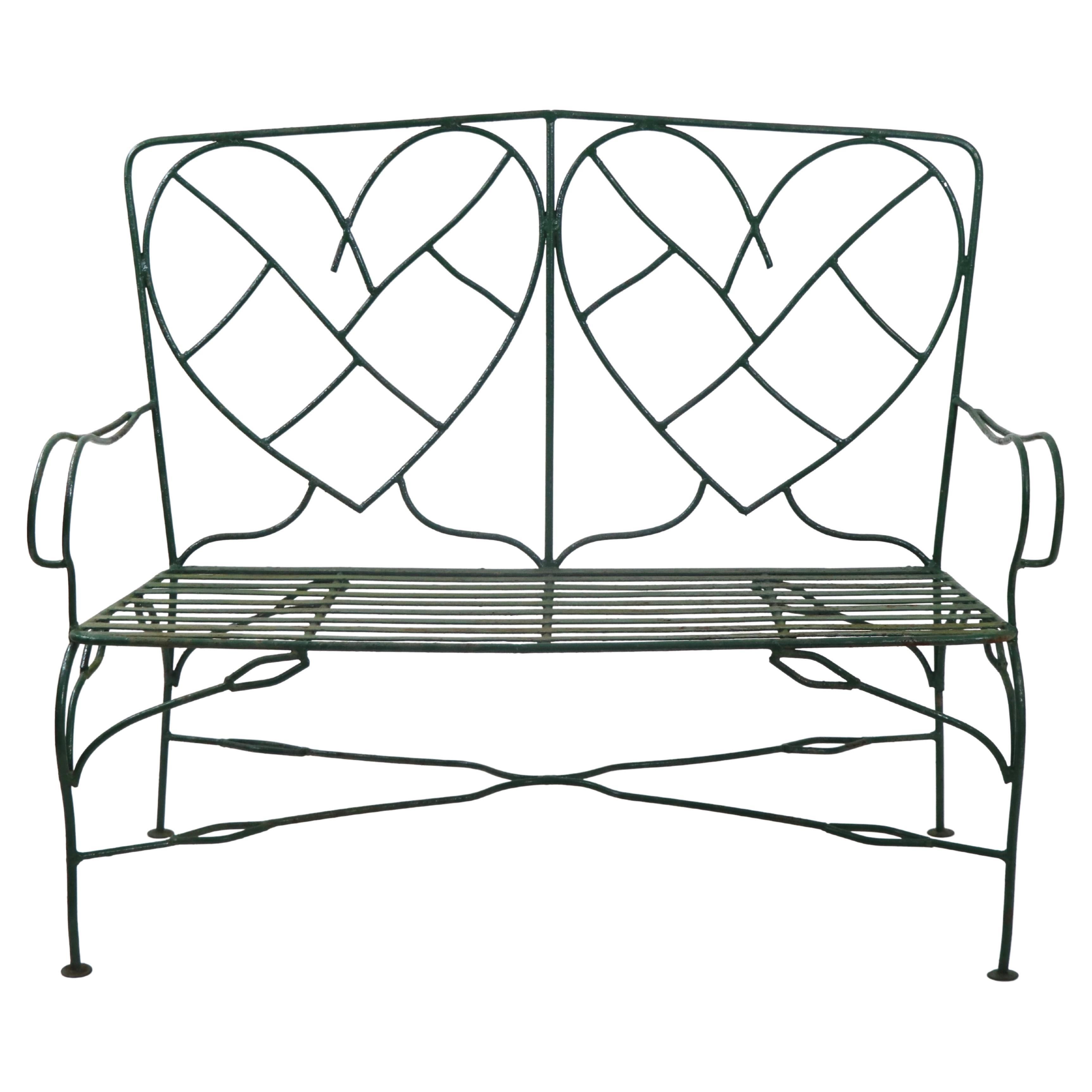 Hand Wrought Iron Settee Bench W Decorative Heart Shaped Metalwork Backrest 