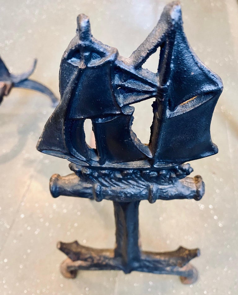 American Hand Wrought Iron Ship and Anchor Andirons, circa 1910 For Sale