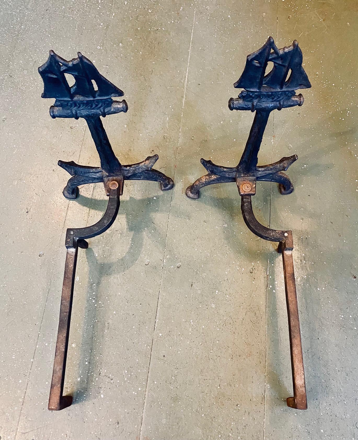 Early 20th Century Hand Wrought Iron Ship and Anchor Andirons, circa 1910