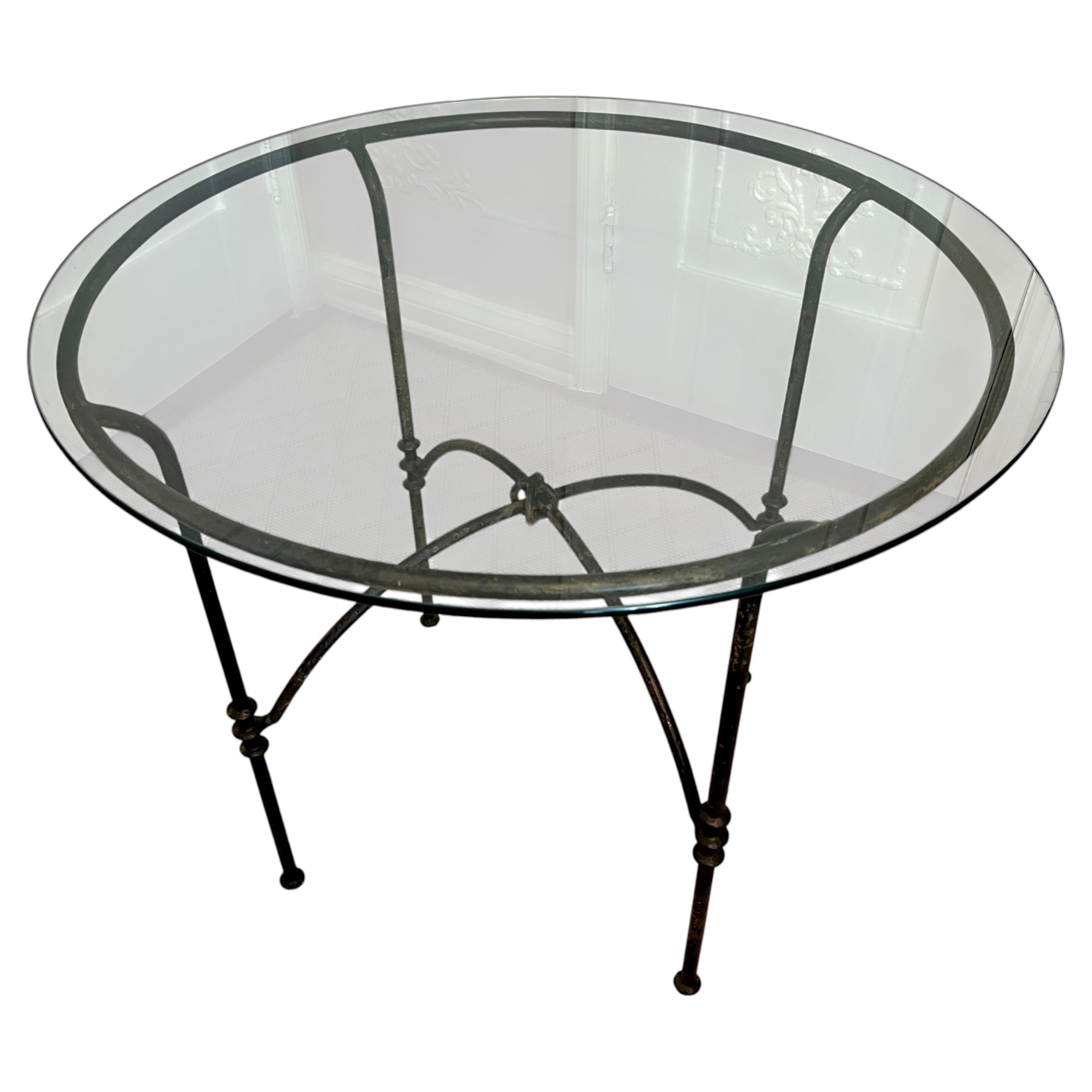 Hand Wrought Iron Side Table with Glass Top in the Style of Giacometti