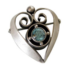 Hand Wrought Kalo Sterling Heart Shaped Brooch or Pendant with Faceted Stone
