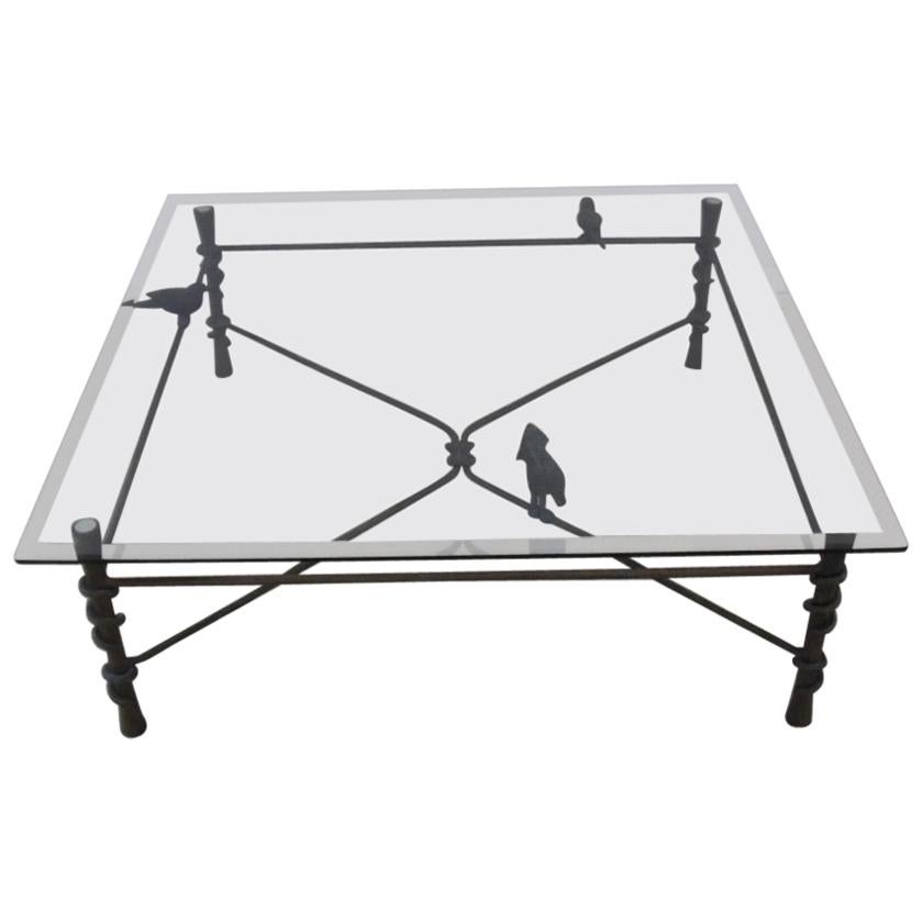 Wrought Iron Metal and Glass Coffee Table in the Style of Ilana Goor Bird Detail