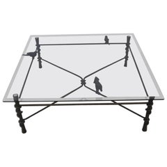 Hand Wrought Metal and Glass Coffee Table in the Style of Ilana Goor Bird Detail