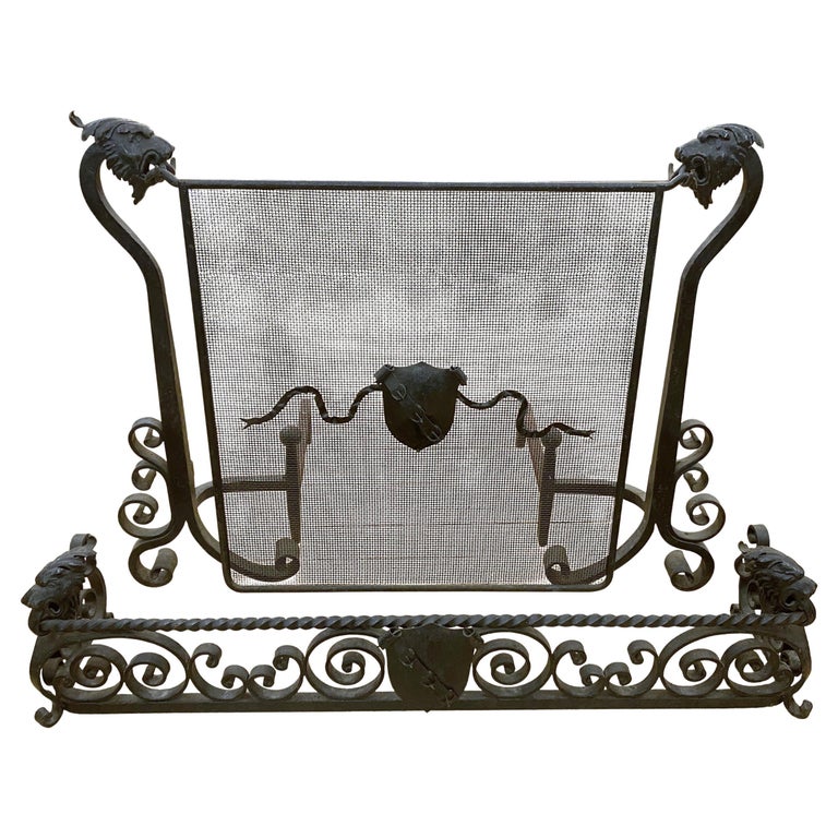Hand Wrought Victorian Fireplace Set Screen Fender Andirons For Sale at