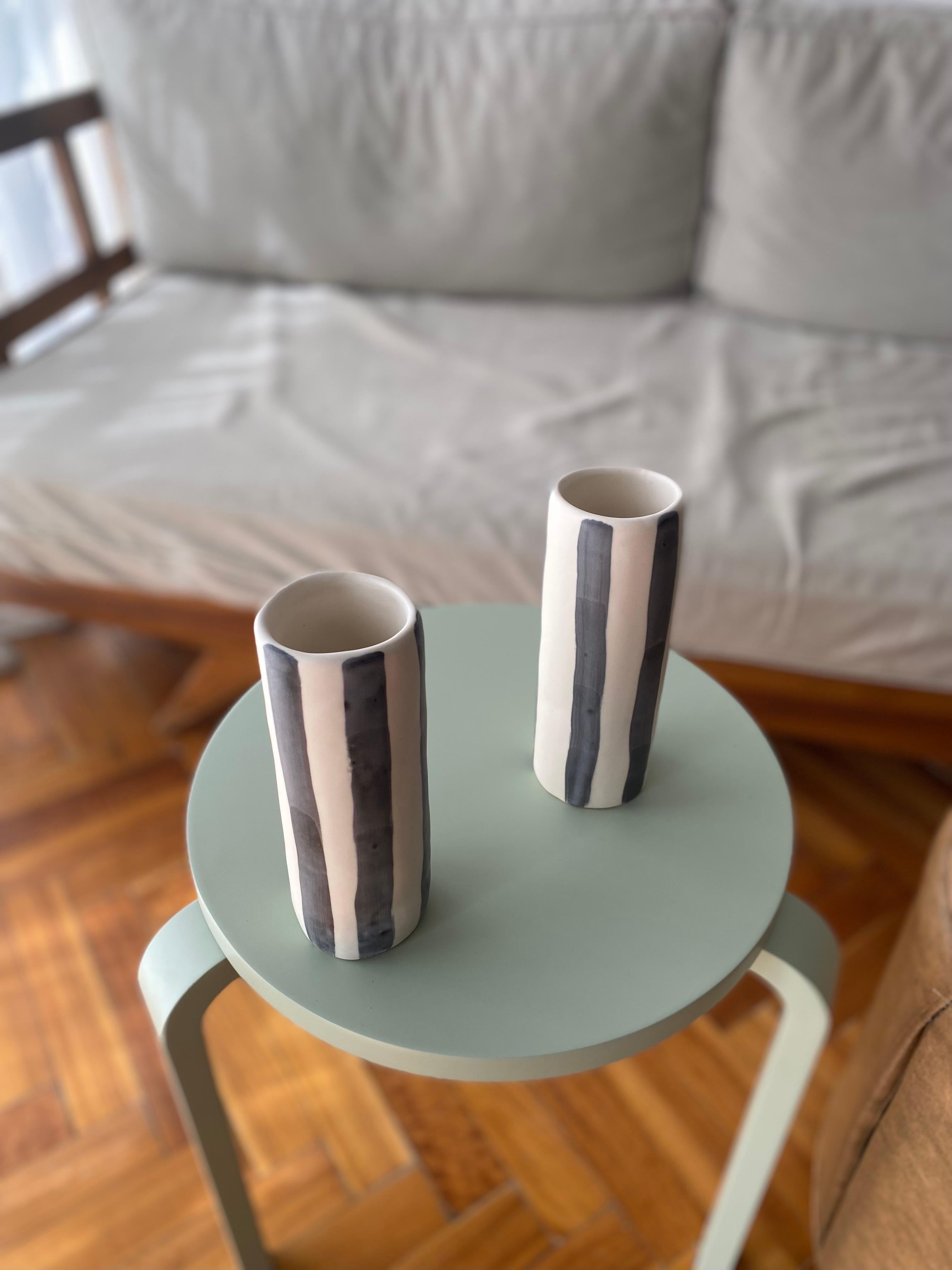 Argentine Handame Ceramic Stripes Flower Vase Organic Shape For Sale