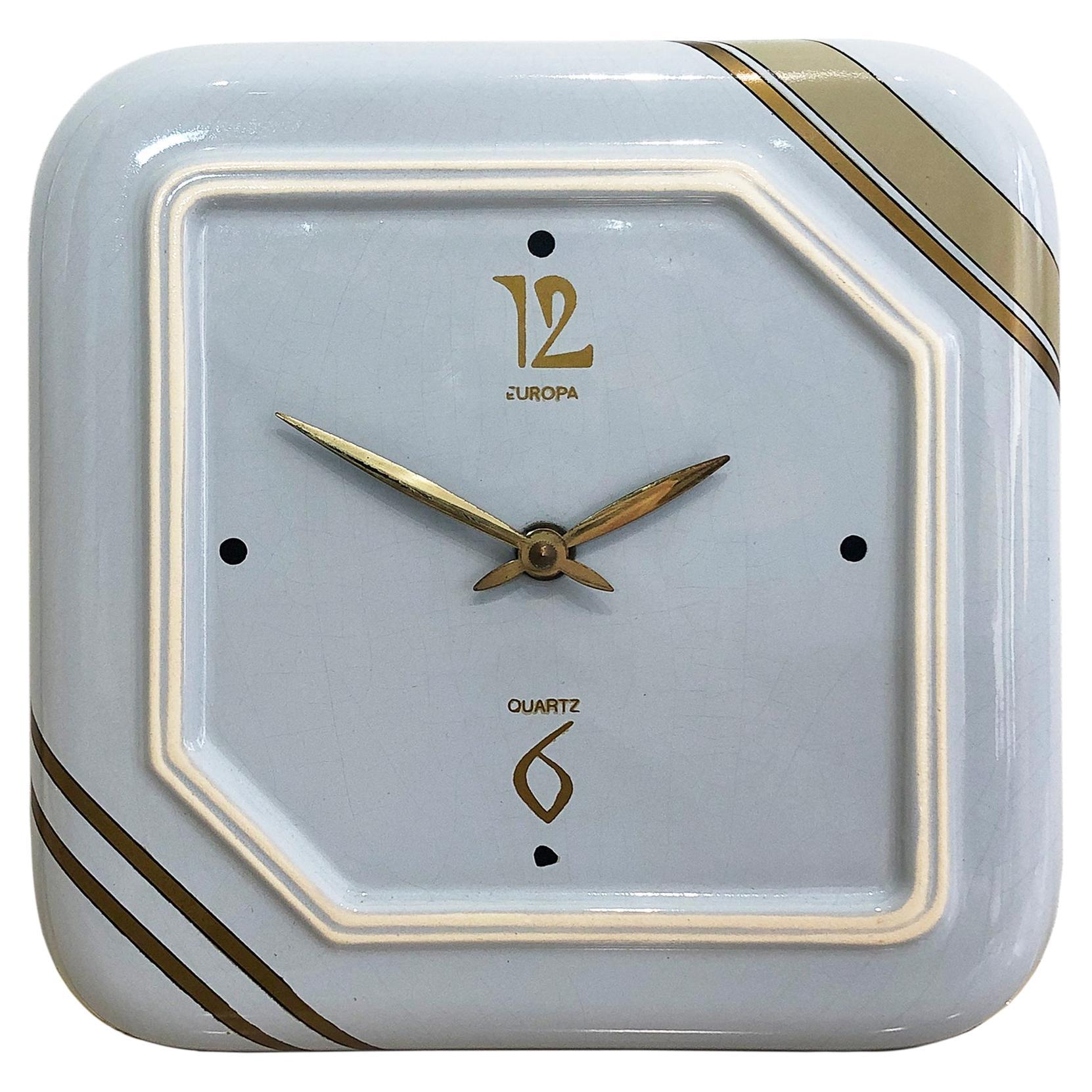 Handarbeit Ceramic Wall Clock Gold Brass Baby Blue Vintage 1960s Midcentury For Sale