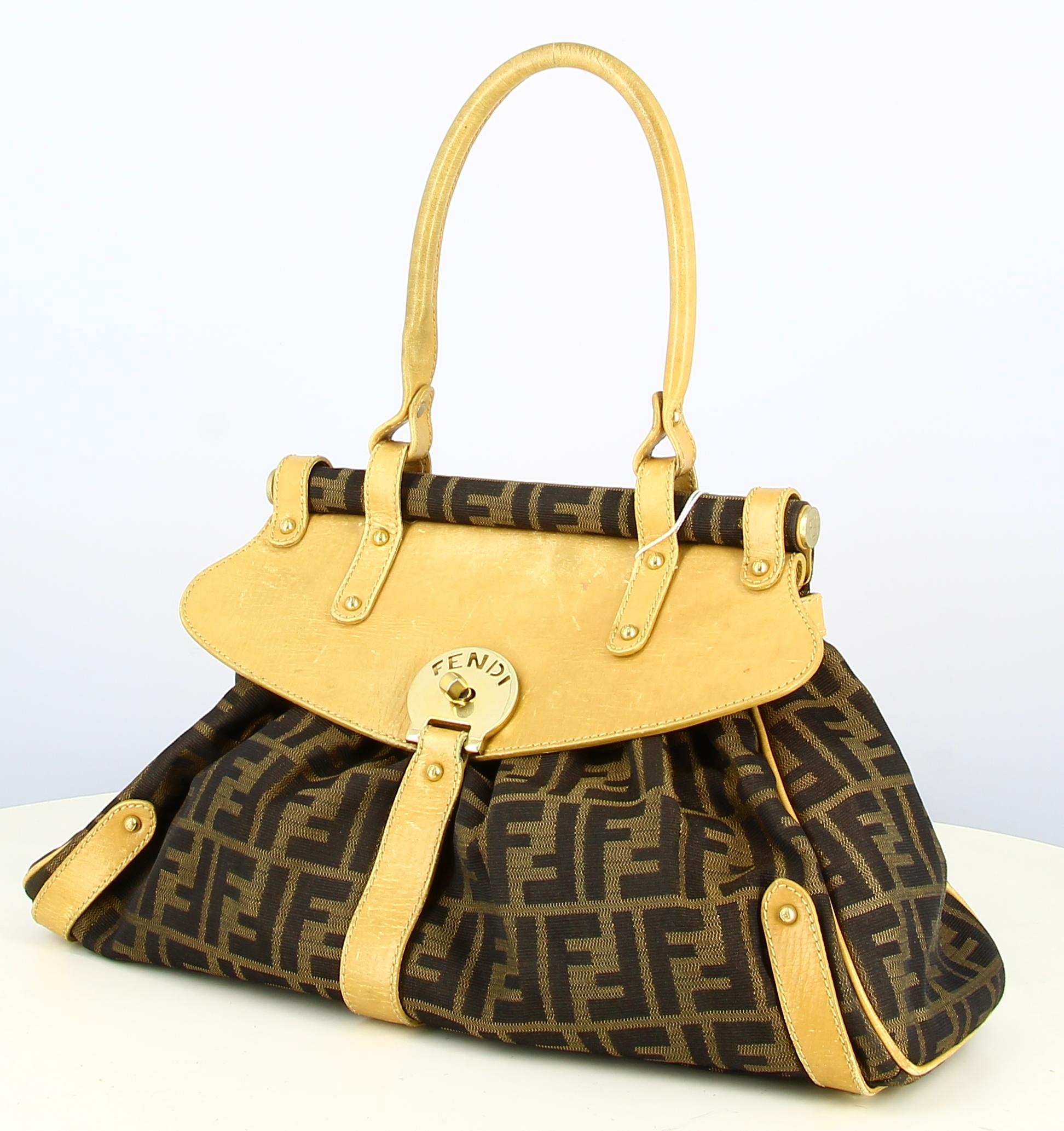 Handbag Fendi Monogram Fabric And Leather Brown In Good Condition For Sale In PARIS, FR