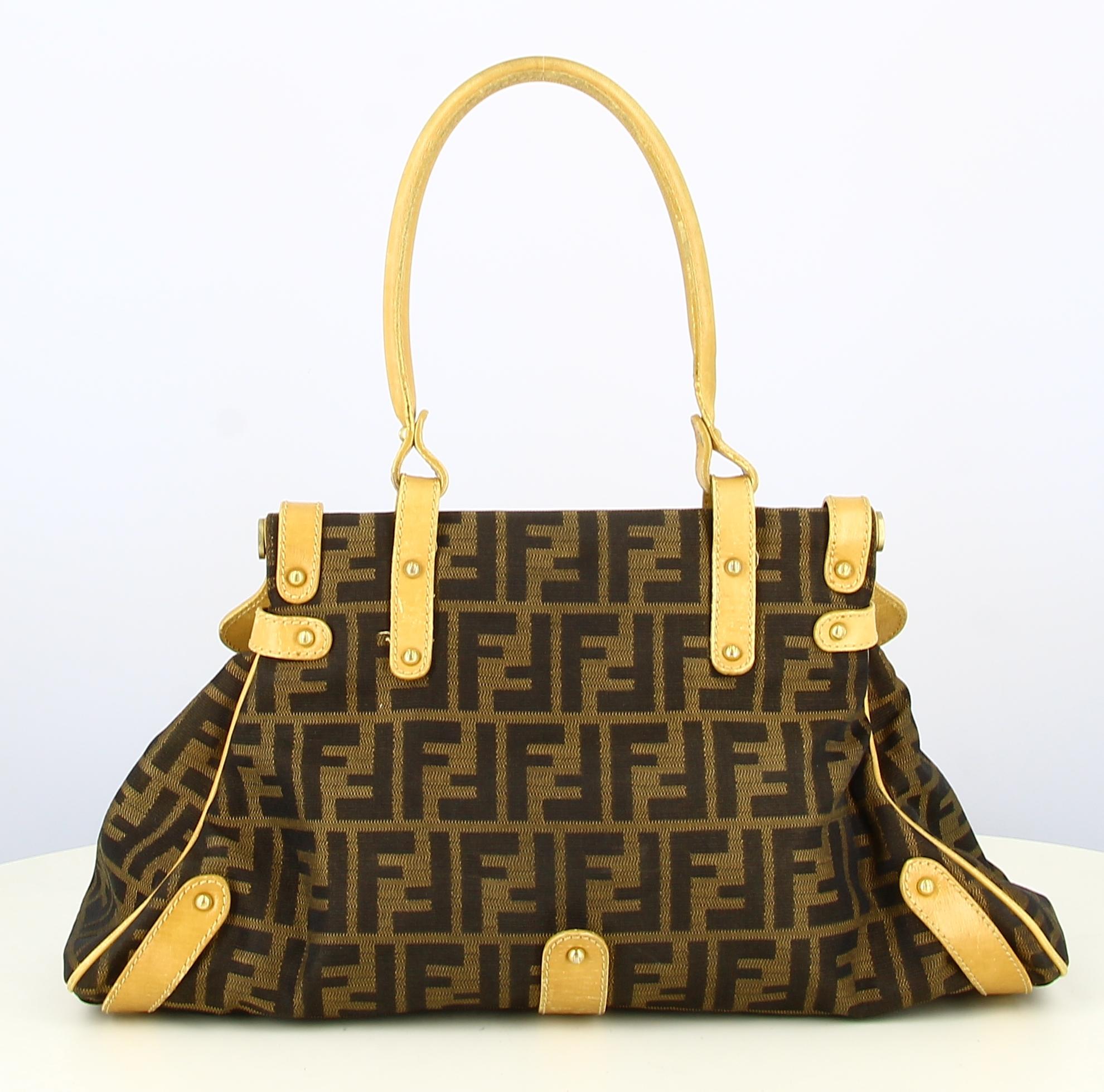 Handbag Fendi Monogram Fabric And Leather Brown For Sale 2