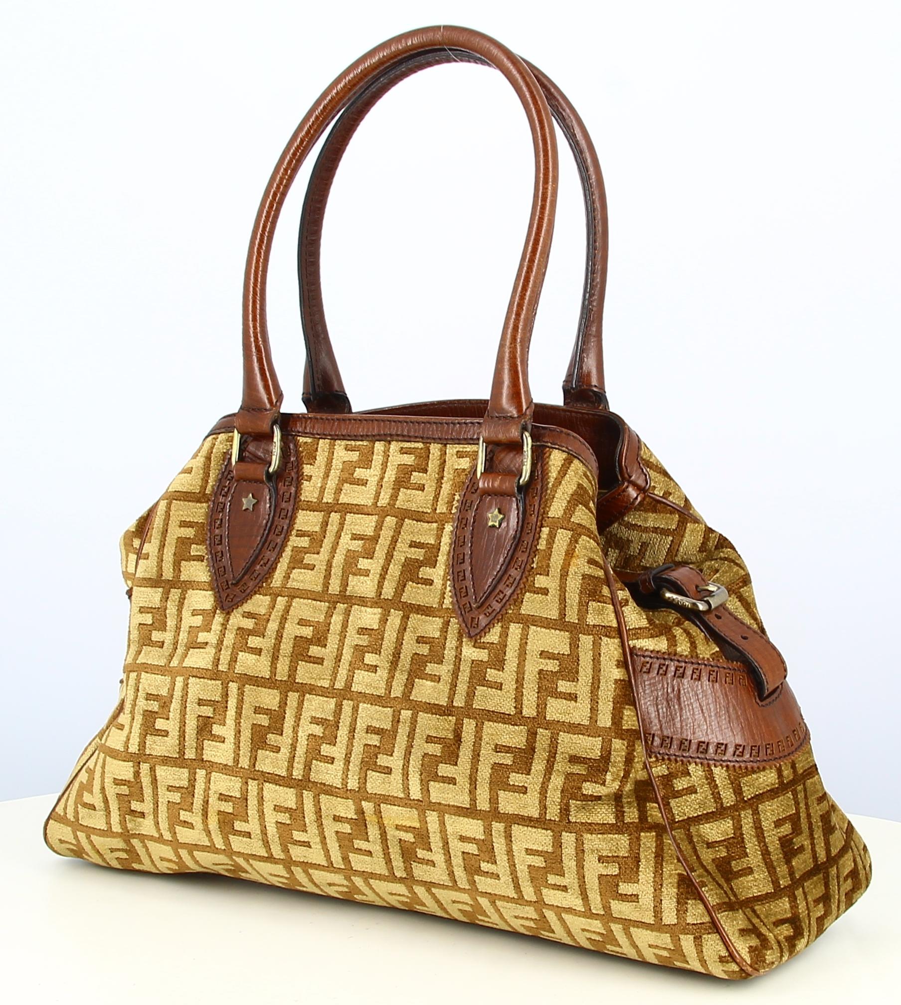 Brown Handbag Fendi  Velour Cotelé Monogram F Overturned For Sale
