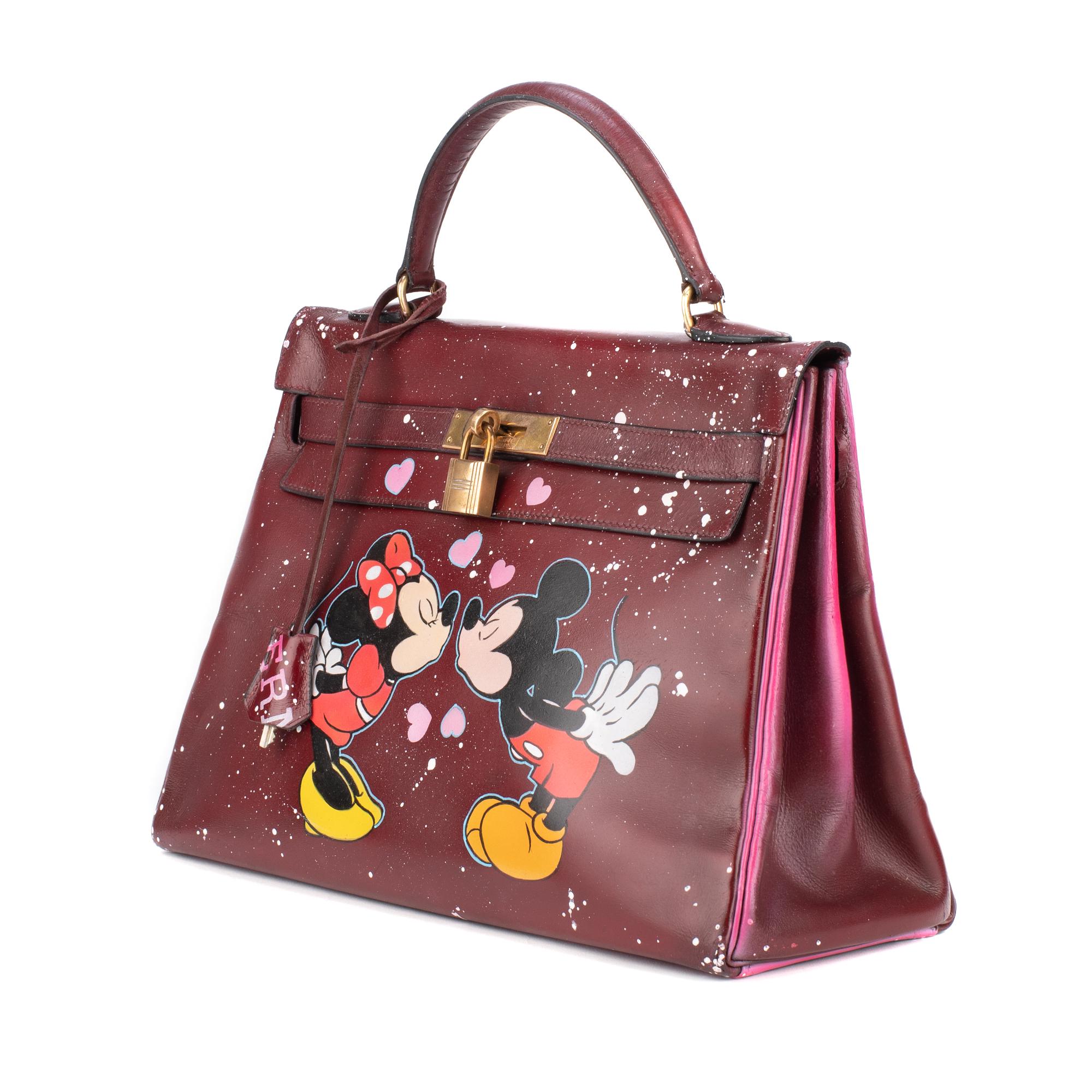Brown Handbag Hermès Kelly 32 in burgundy calfskin customized 