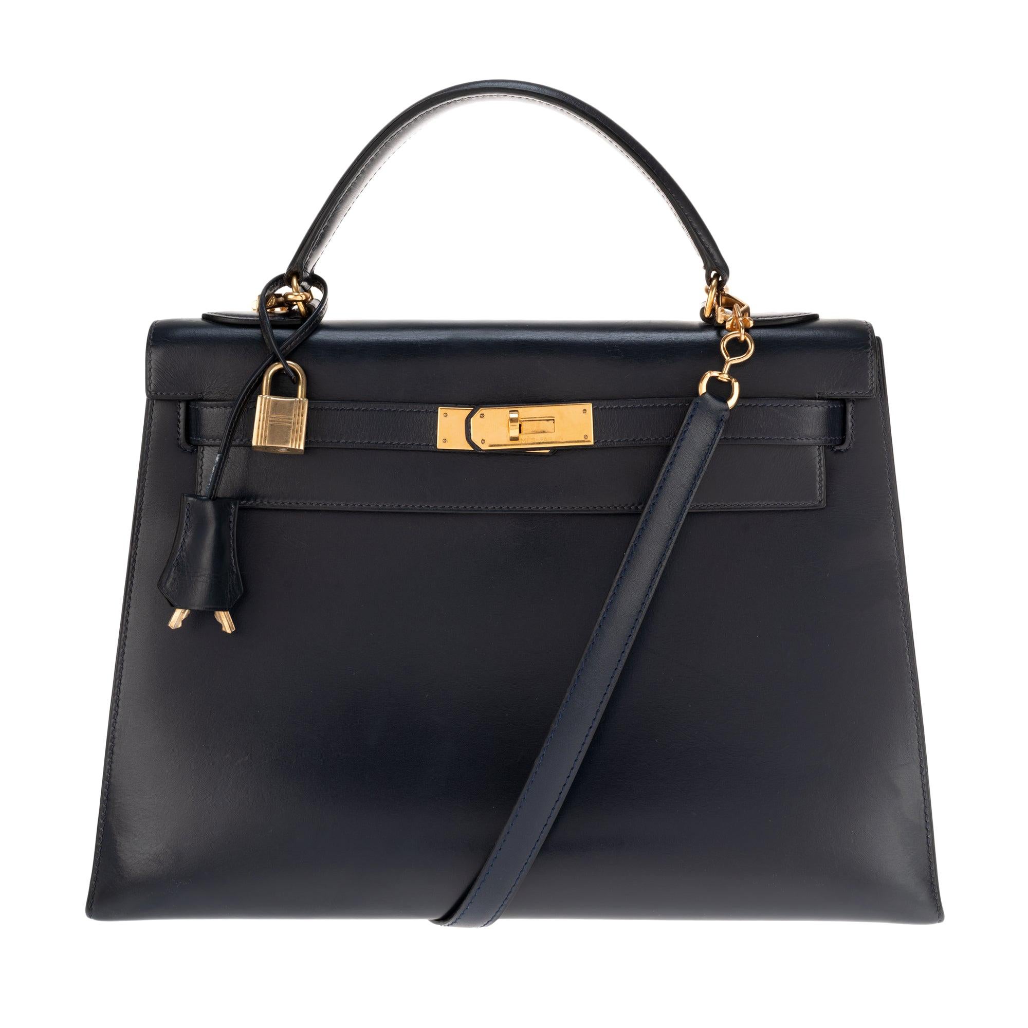 Handbag Hermès Kelly sellier 32 in calfskin blue navy with strap, gold hardware!
