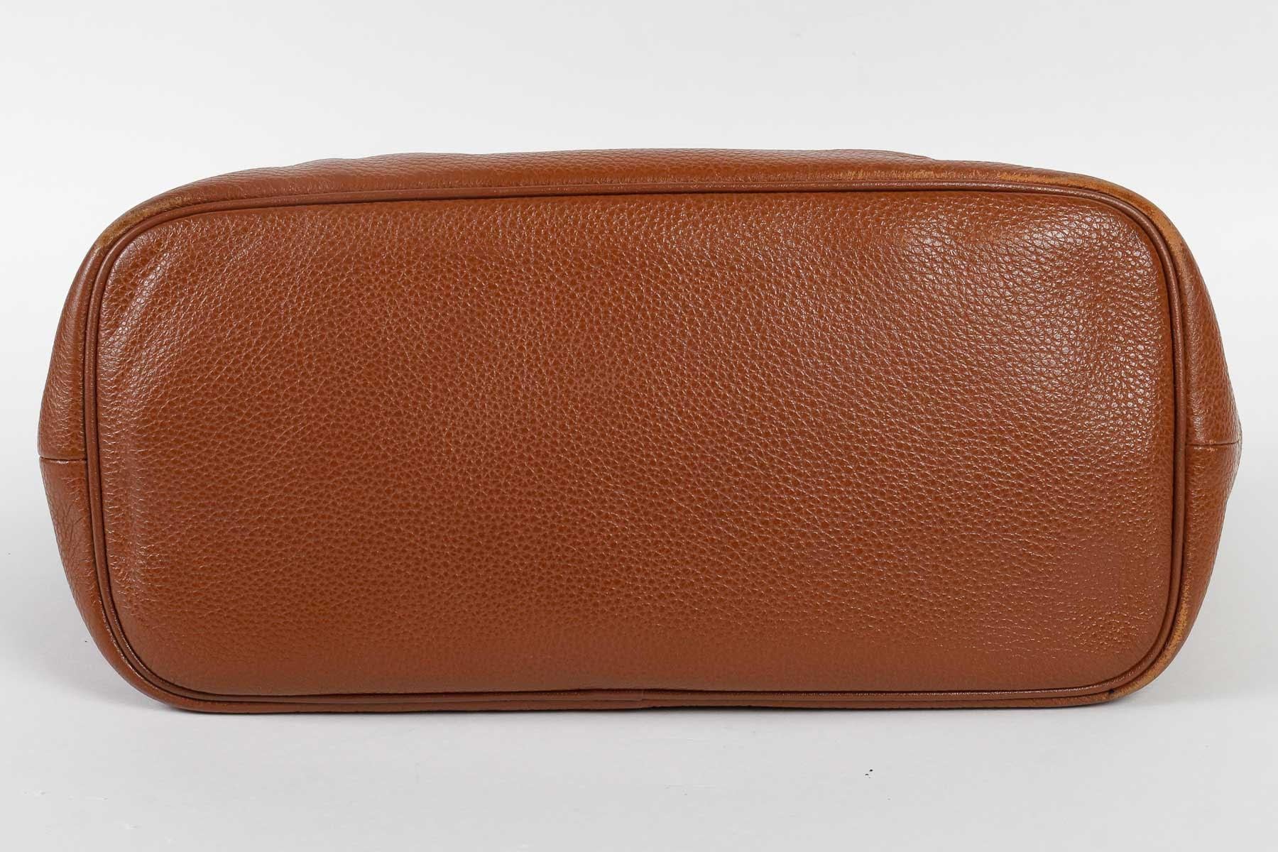 French Handbag, Longchamp, Brown Grained Leather, 20th Century. For Sale