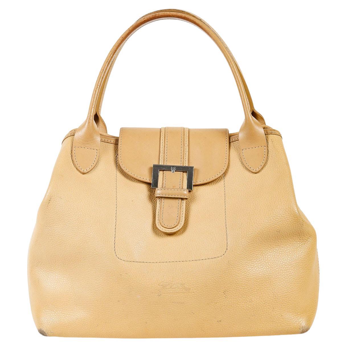 Handbag, Longchamp, Yellow Leather, Chrome Buckle, 20th Century. For Sale